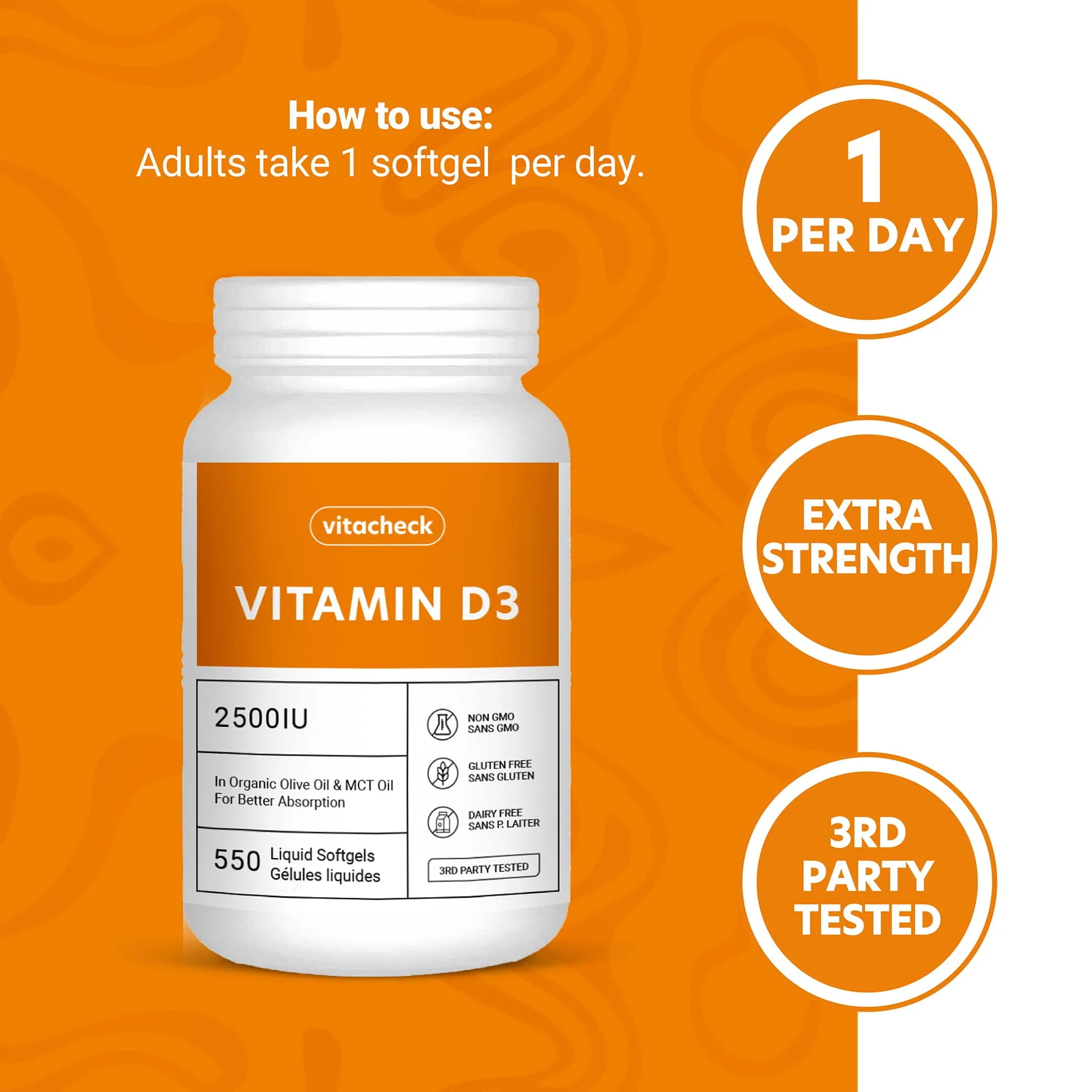 Vitacheck Vitamin D3 2500IU Softgels Extra Strength, In Organic Olive Oil & MCT Oil For Better Absorption, 180-550 Softgels - Image 6