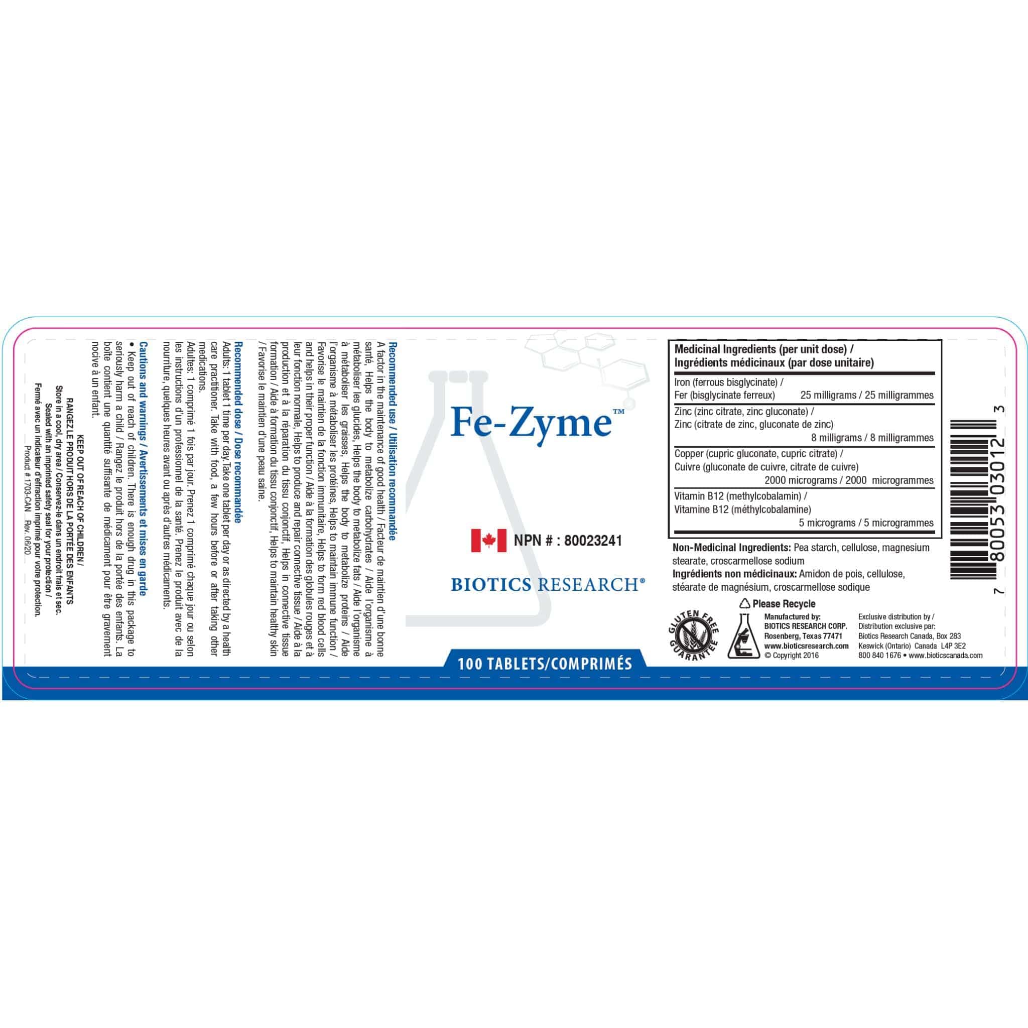 Biotics Research Fe-Zyme, Ferrous Gluconate 25mg with Zinc, Copper and B12, 100 Tablets - Image 2