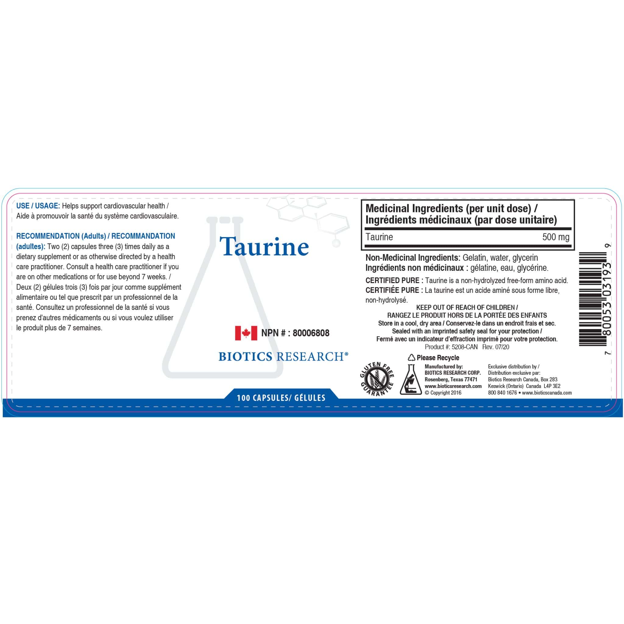 Biotics Research Taurine 500mg, Supports Gallbladder Function, 100 Capsules - Image 2