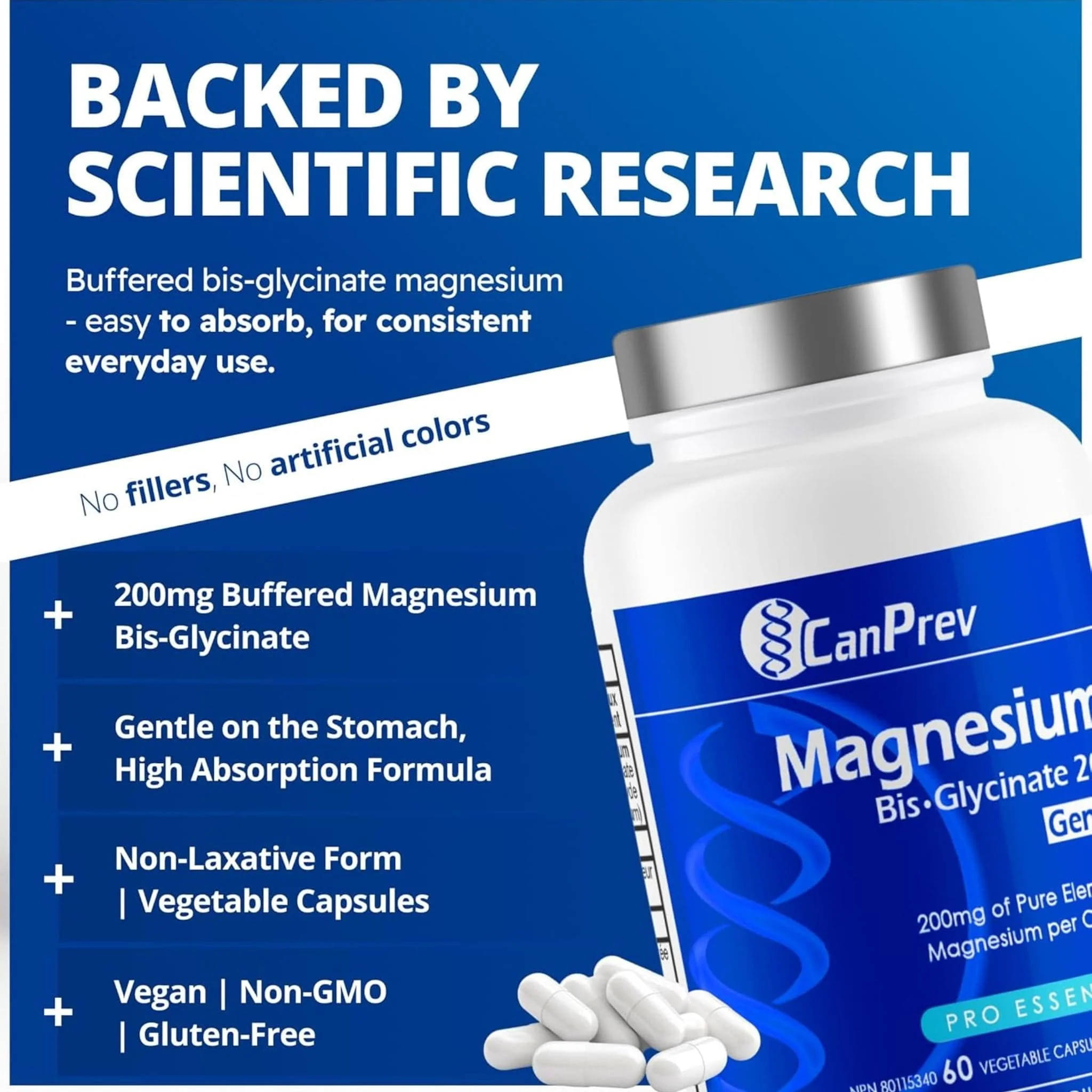 CanPrev Magnesium Bisglycinate 200 Gentle, Highly Absorbable Magnesium 200mg Capsules - Image 3