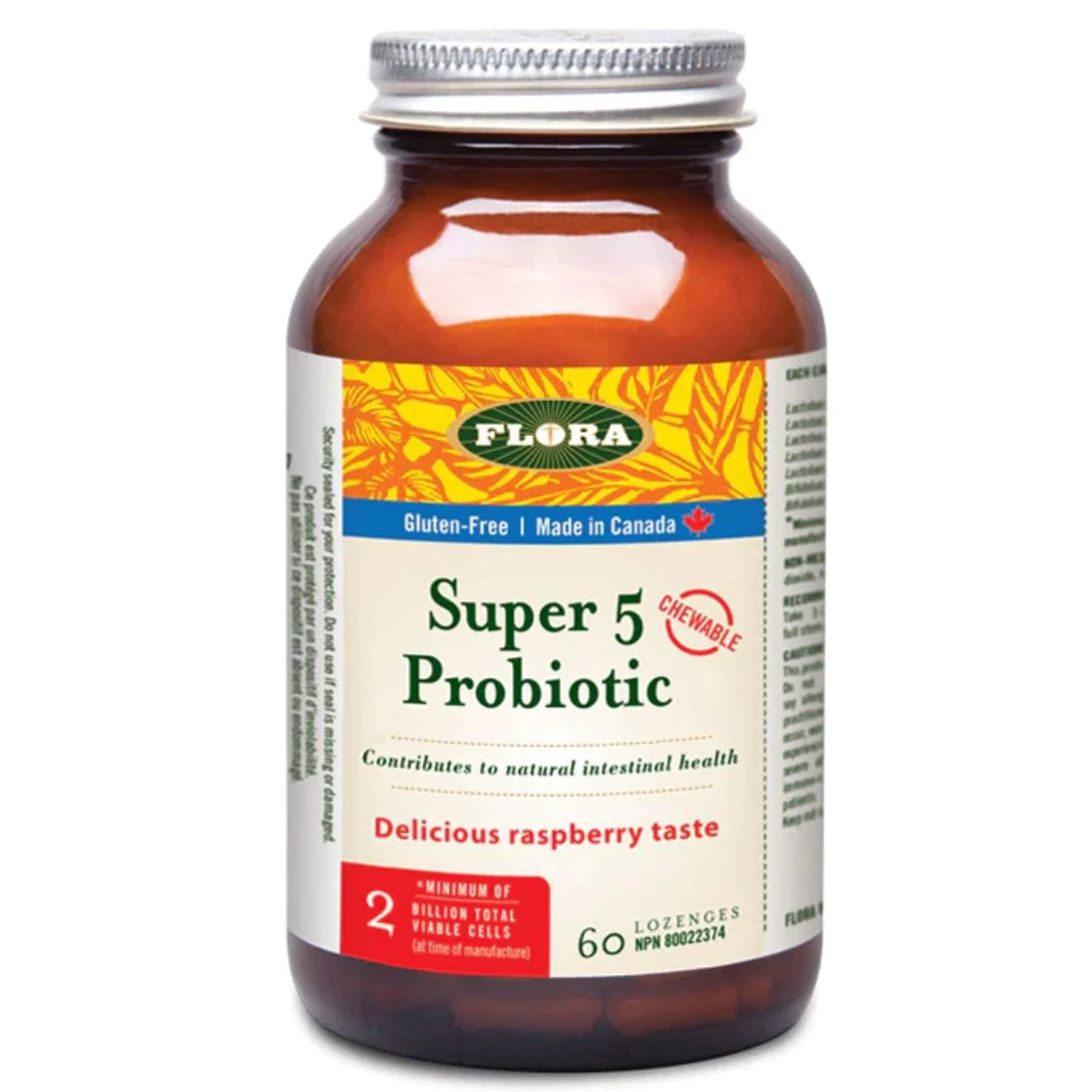 Flora Super 5 Plus Chewable Probiotic, 2 Billion, Raspberry Flavour, 60 Lozenges, Store in Fridge