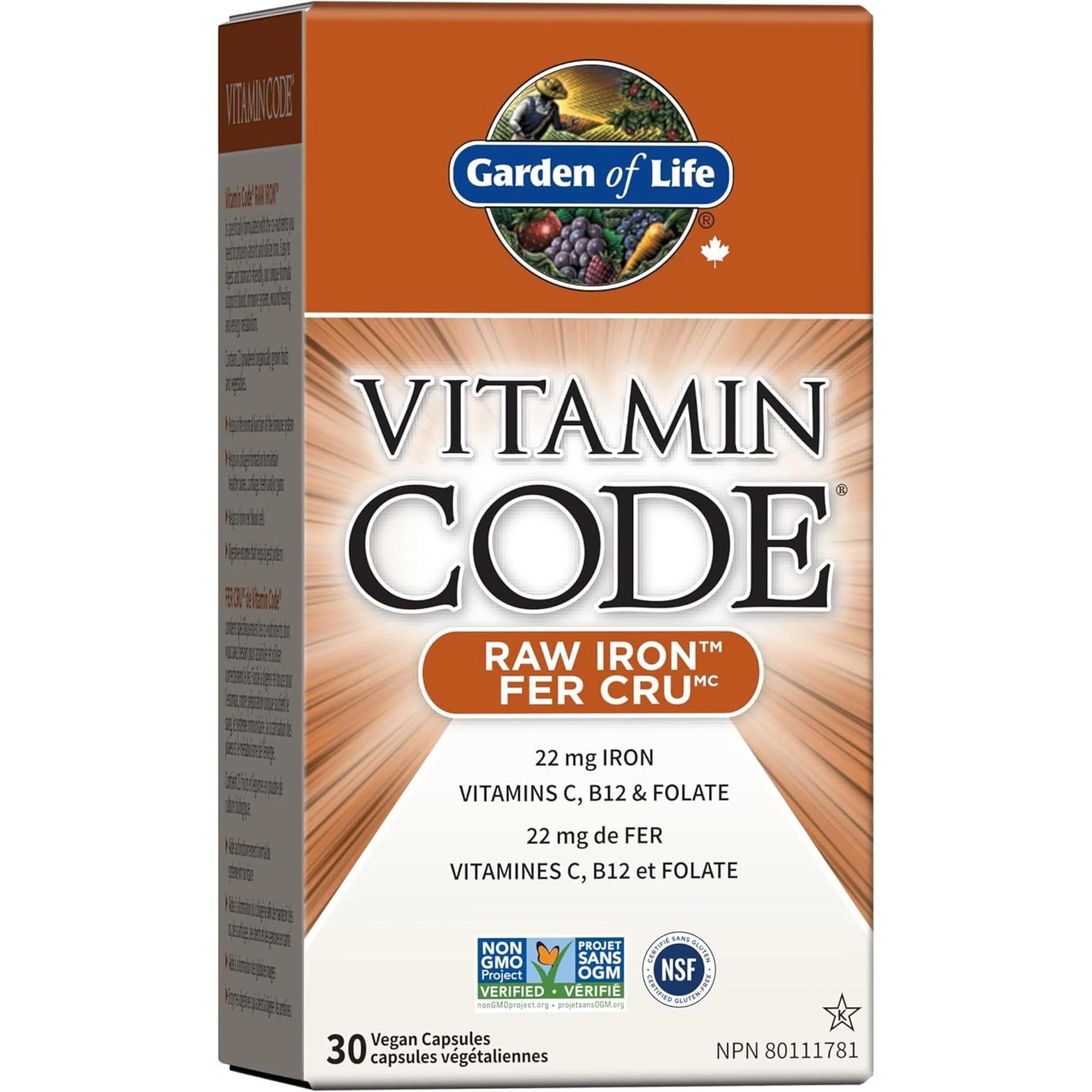 Garden Of Life Vitamin Code Raw Iron 22mg with Vitamins C, B12 and Folate, 30 Vegan Capsules