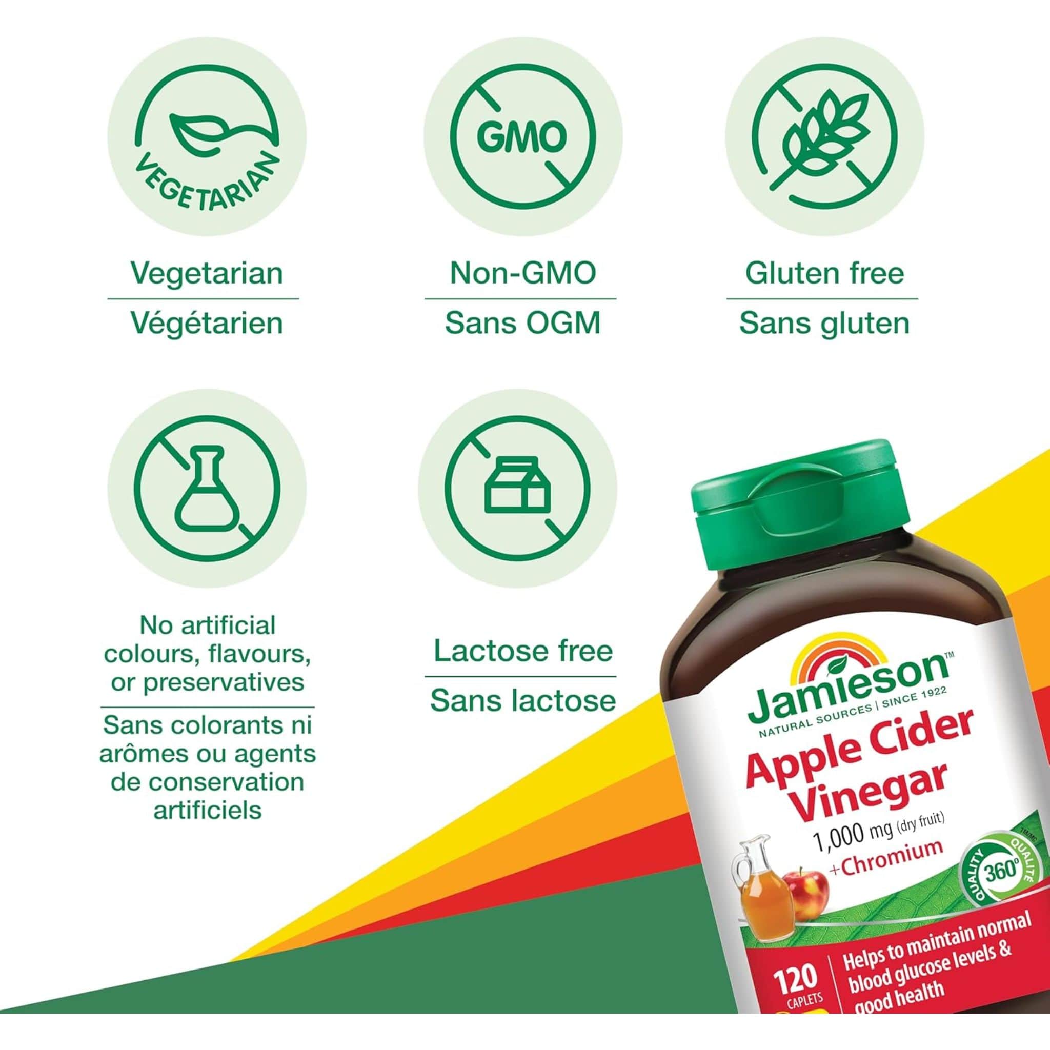Jamieson Apple Cider Vinegar 1,000mg (raw herb) with Chromium, 120 Caplets - Image 4