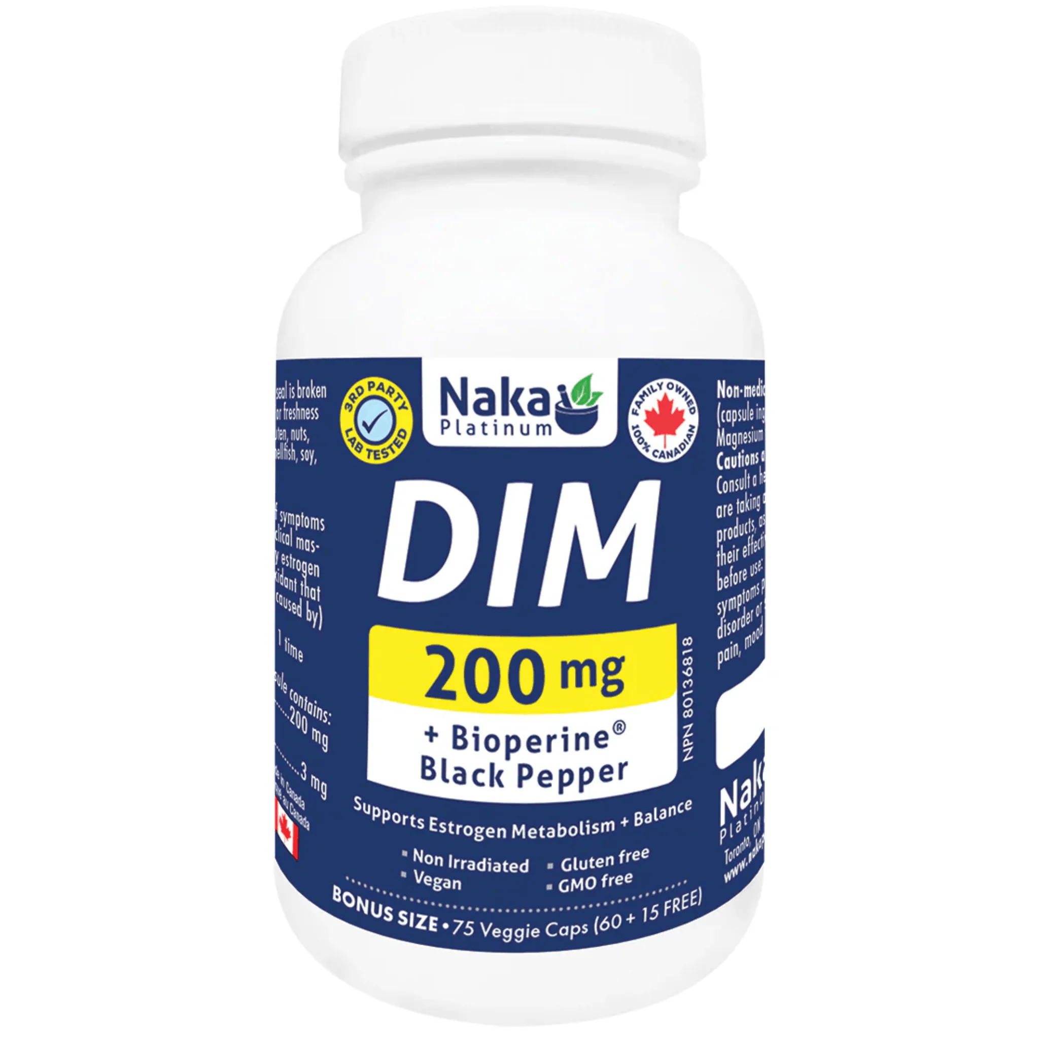 Naka Platinum DIM 200mg with BioPerine Black Pepper, Supports Estrogen Balance and Hormone Health, 75 Vegetable Capsules
