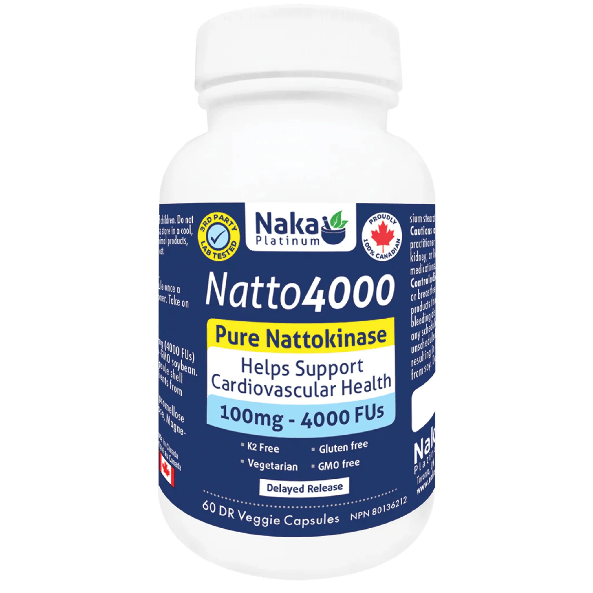 Naka Platinum Natto4000, Nattokinase 100mg, 4000 FUs, Supports Heart Health, 60 Delayed Release Vegetable Capsules