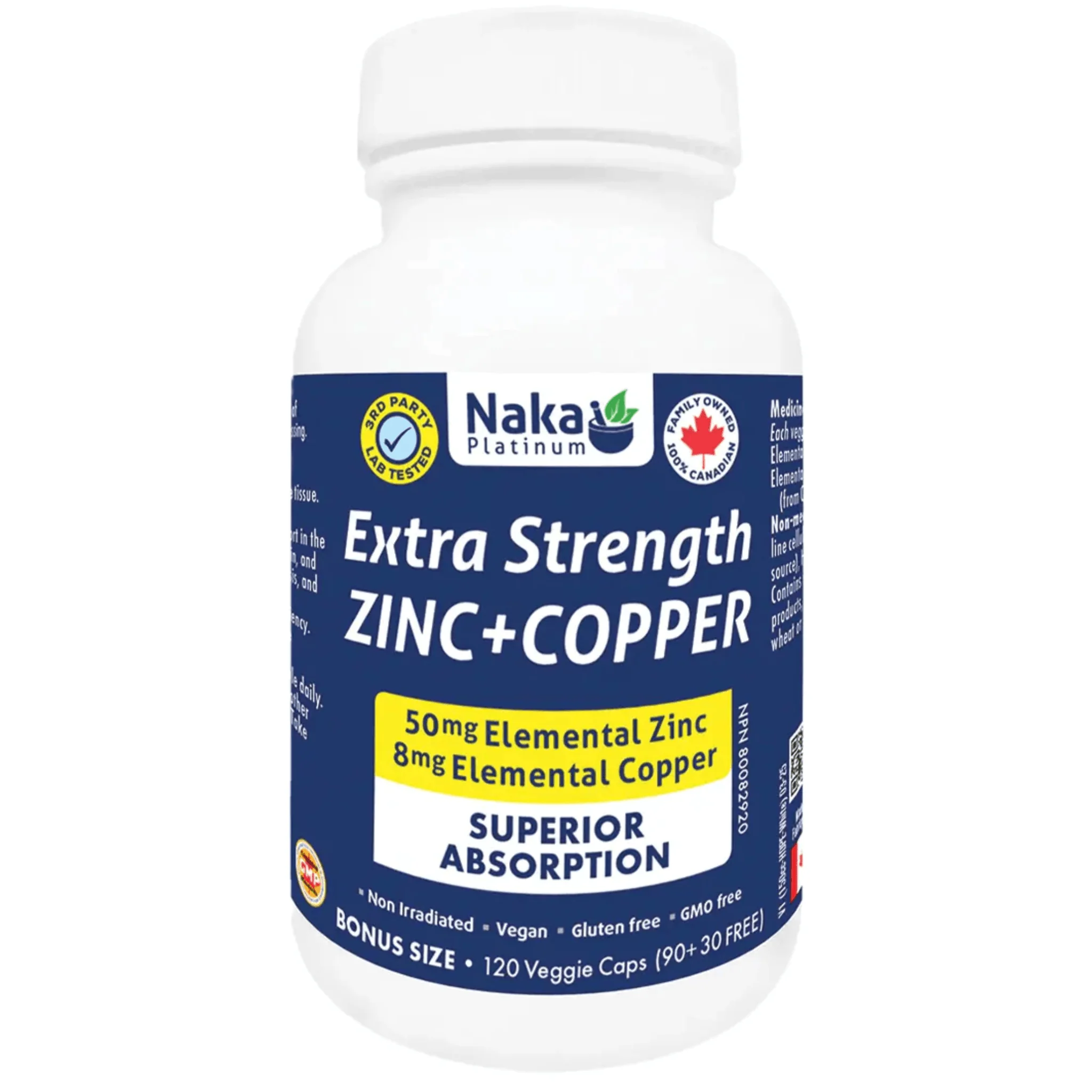 NAKA Platinum Extra Strength Zinc and Copper, 50mg of Elemental Zinc and 8mg of Elemental Copper, 120 Vegetable Capsules