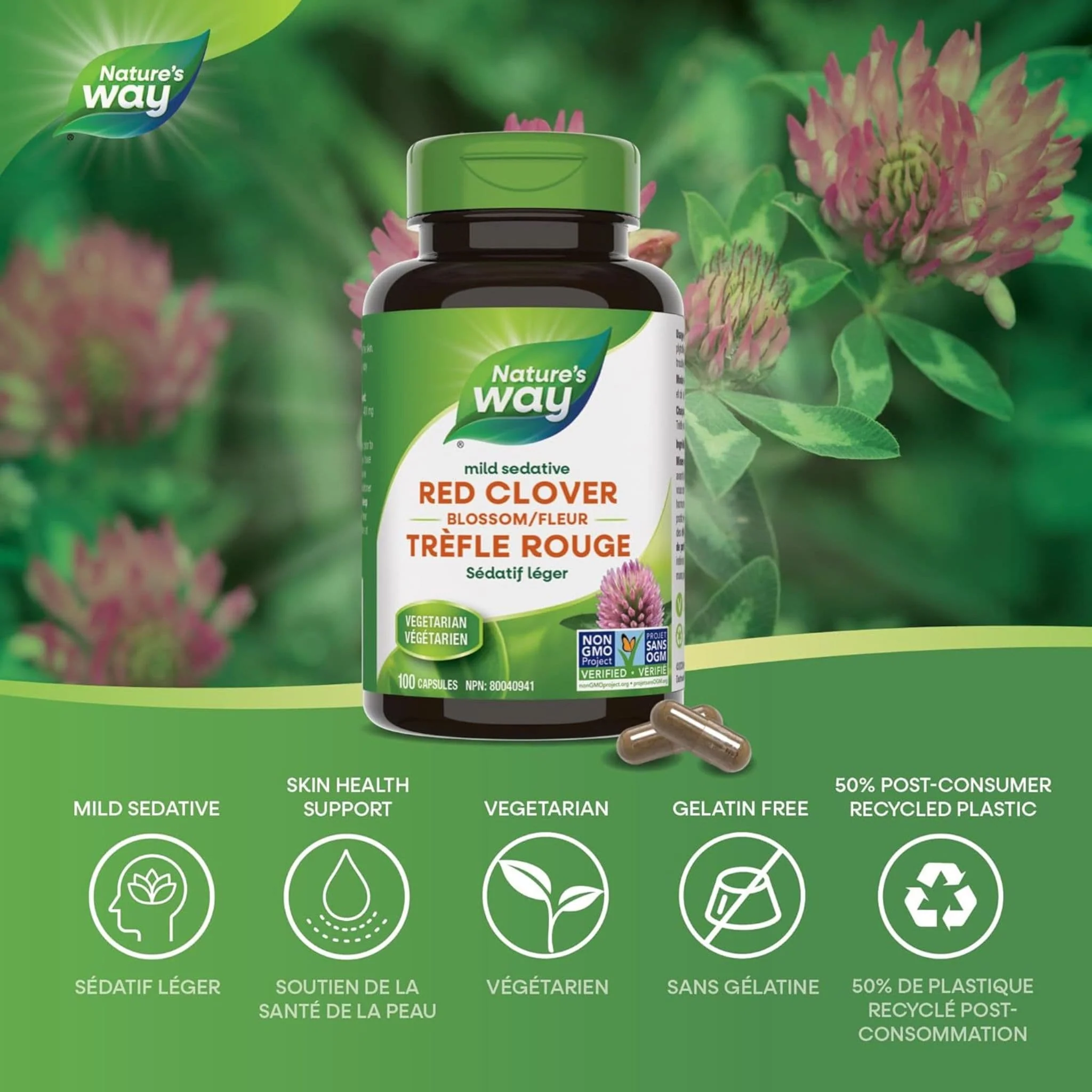 Nature's Way Red Clover Blossoms, 100 Capsules - Image 3