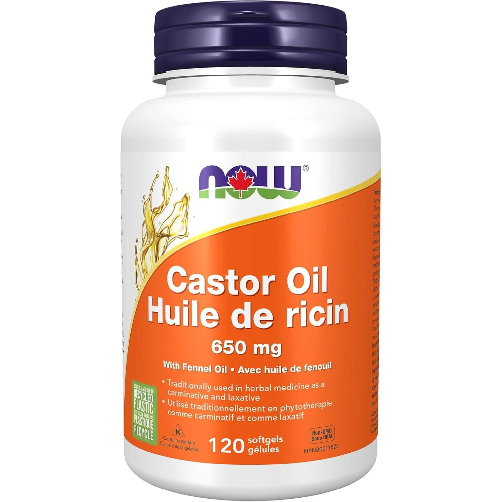 NOW Castor Oil, 650mg with Fennel, 120 Softgels