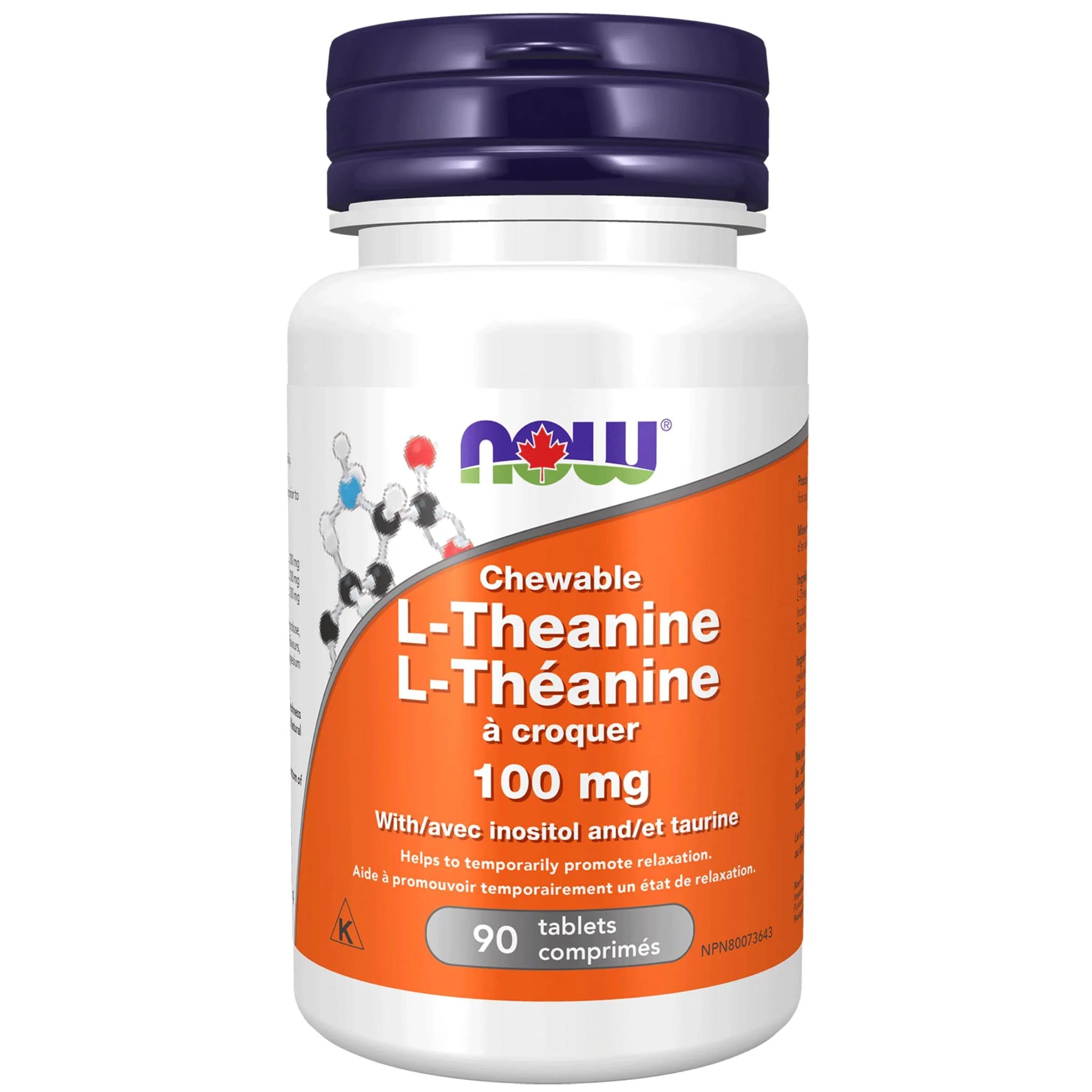 NOW Chewable L-Theanine 100mg Plus with Inositol and Taurine, 90 Chewable Tablets