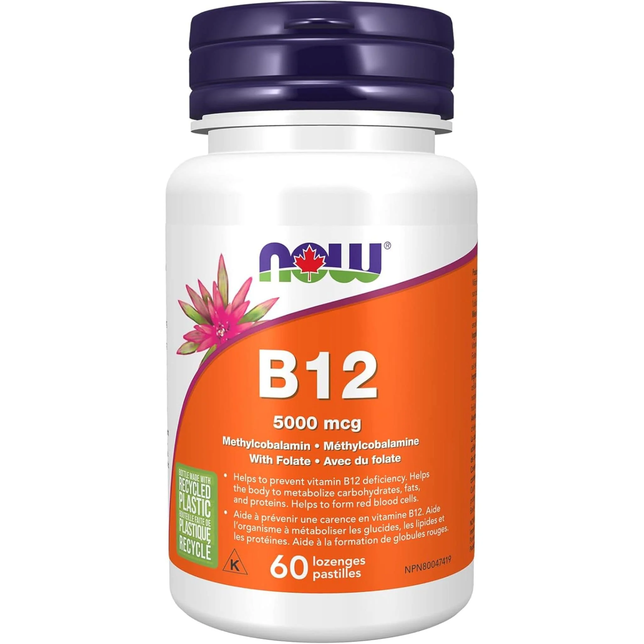 NOW B12 (Methylcobalamin) 5000mcg with Folic Acid, 60 Chewable Lozenges
