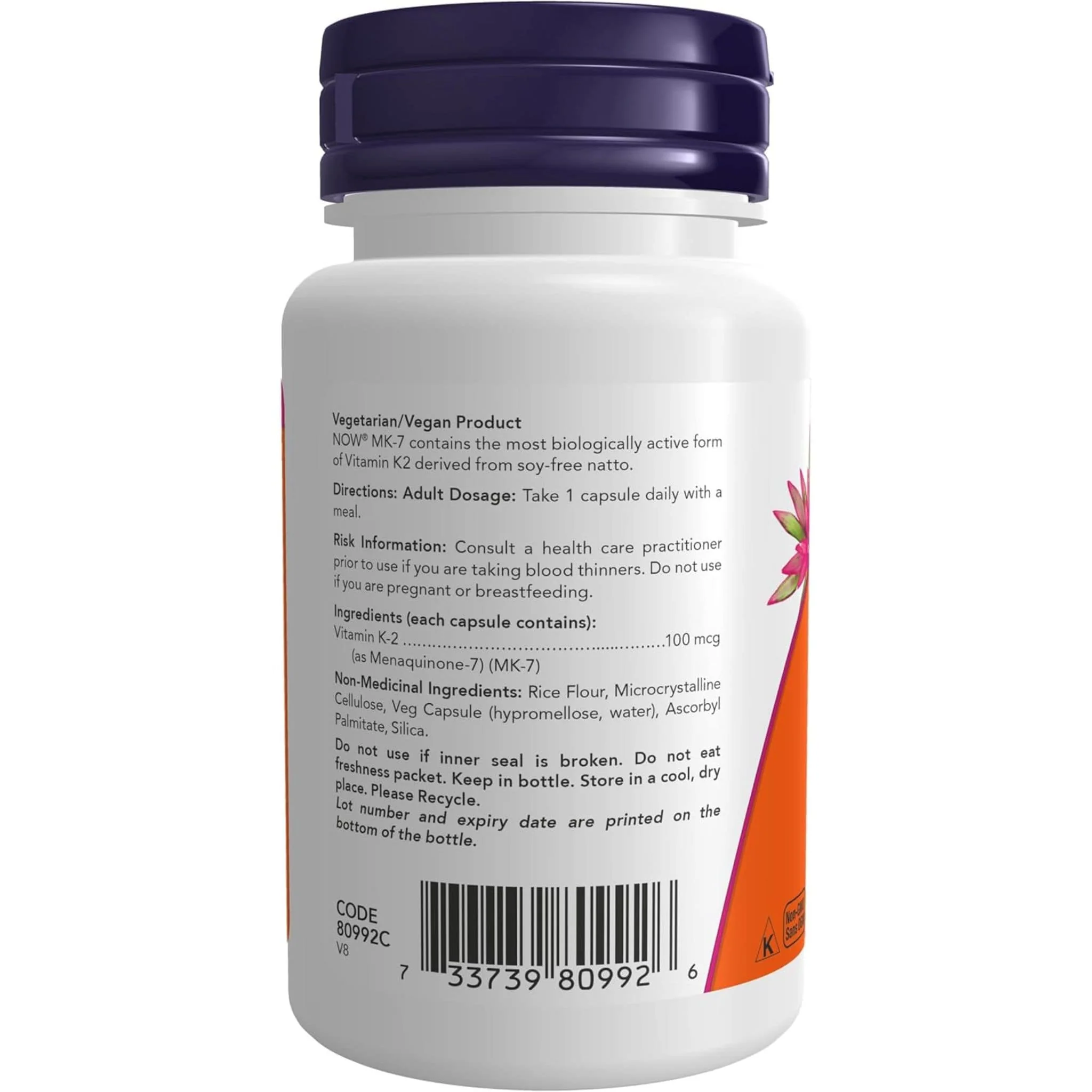 NOW MK-7 Vitamin K2, 100mcg, 60 Vcaps - Image 2