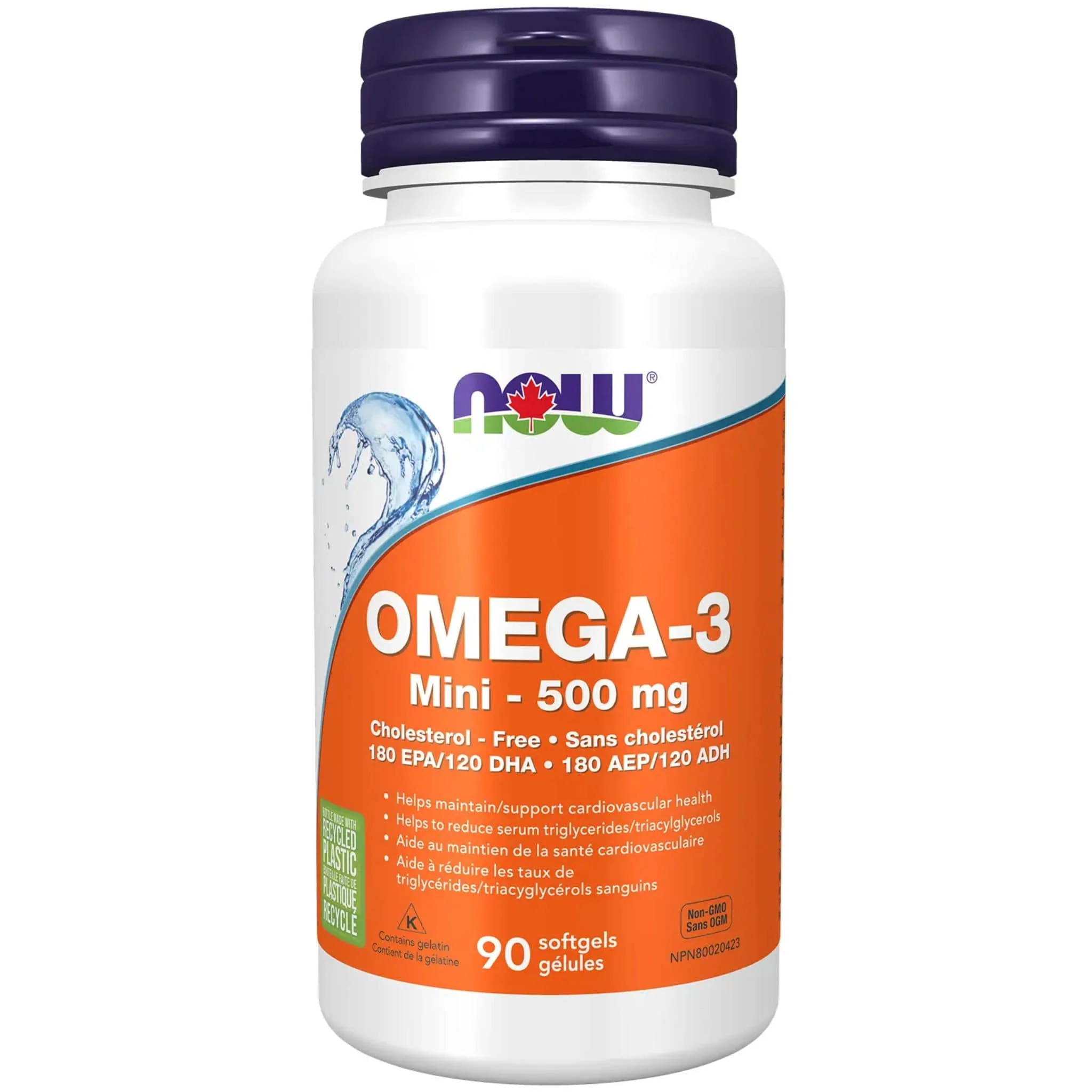 NOW Omega-3 Mini 500mg, Molecularly Distilled, 180 EPA and 120 DHA, Maintain Cardiovascular Health, 90 Softgels