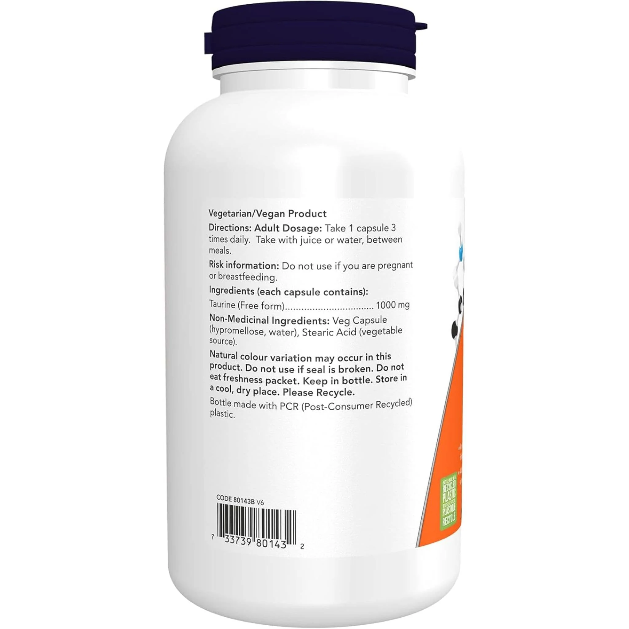 NOW Taurine 1000mg Capsules (Double Strength) - Image 6