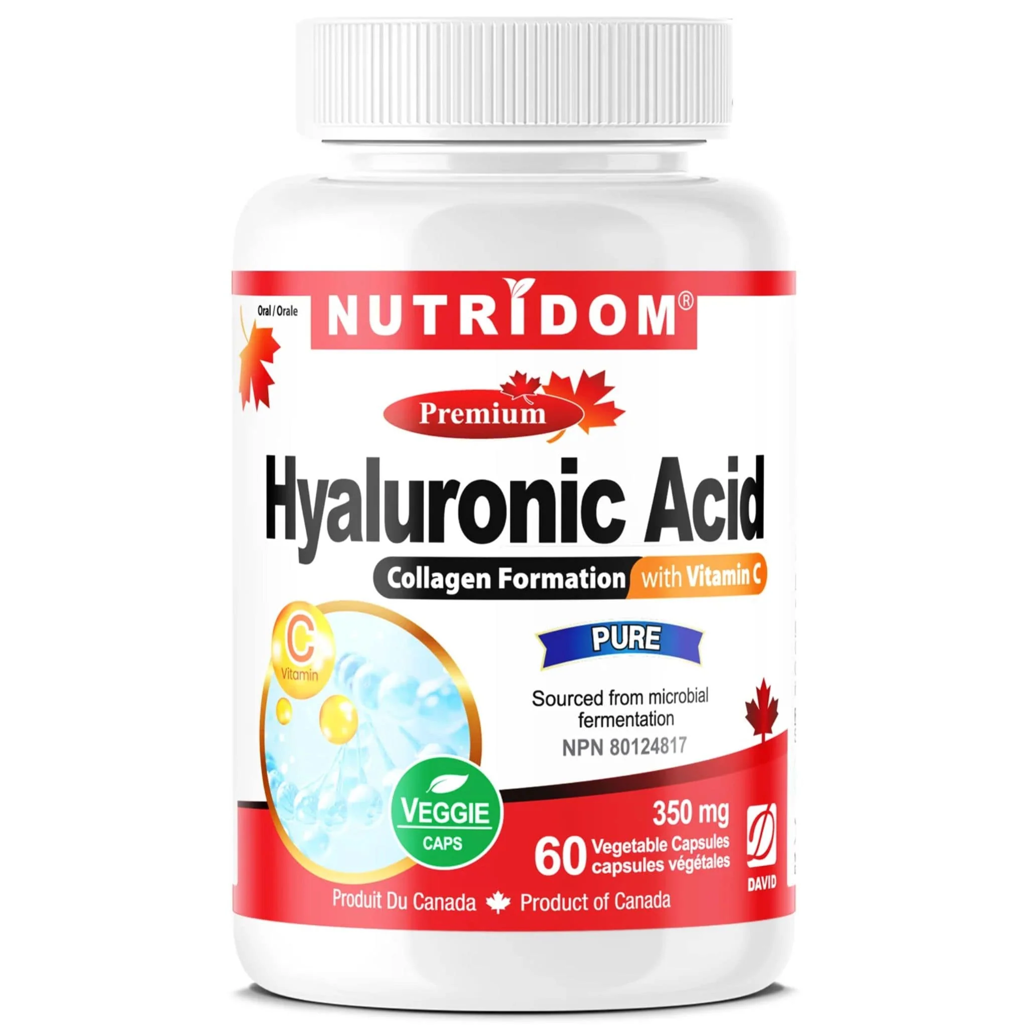 Nutridom Hyaluronic Acid with Vitamin C, Support for Collagen Formation, 60 Vegetable Capsules
