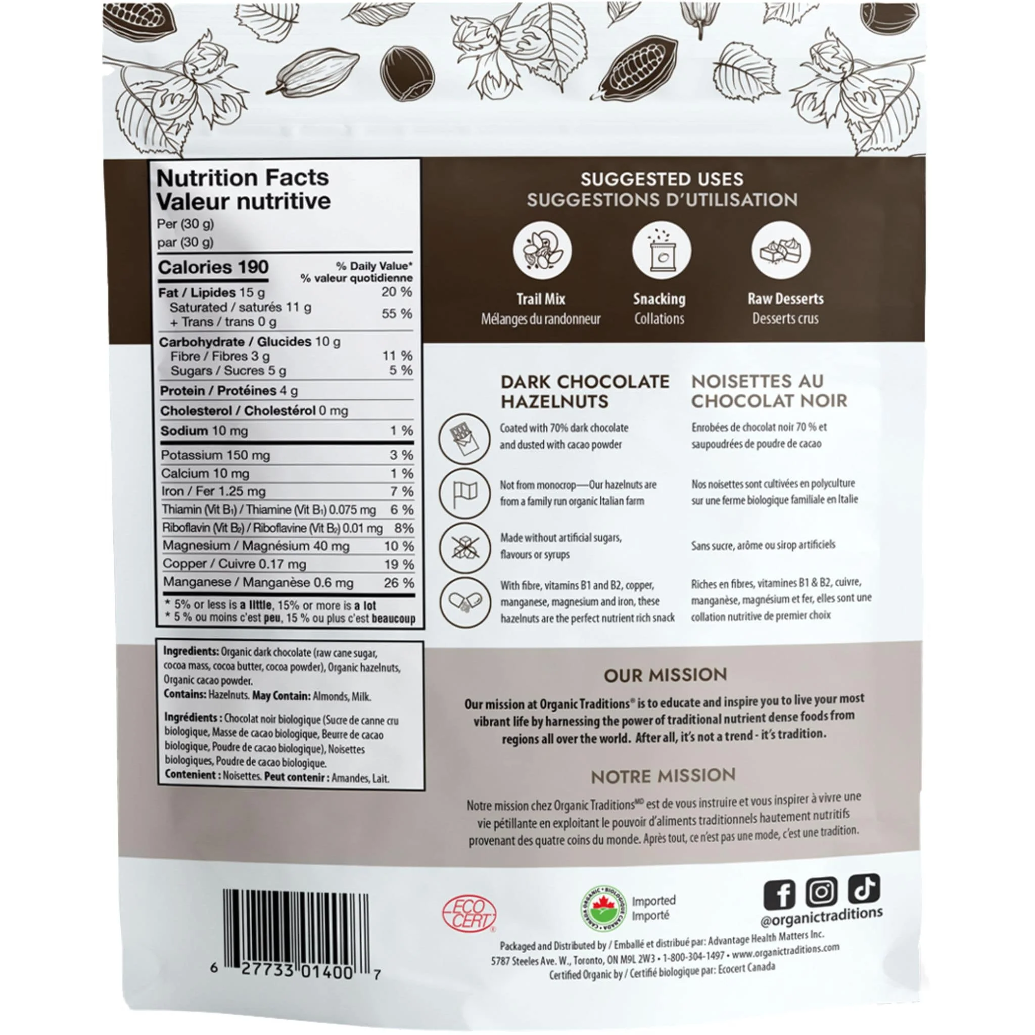Organic Traditions Organic Dark Chocolate Covered Hazelnuts, 70% Rich Dark Chocolate, No Sugar or Sweetener Added, Gluten-Free, Dairy-Free, Vegan, Non-GMO, 227g - Image 2