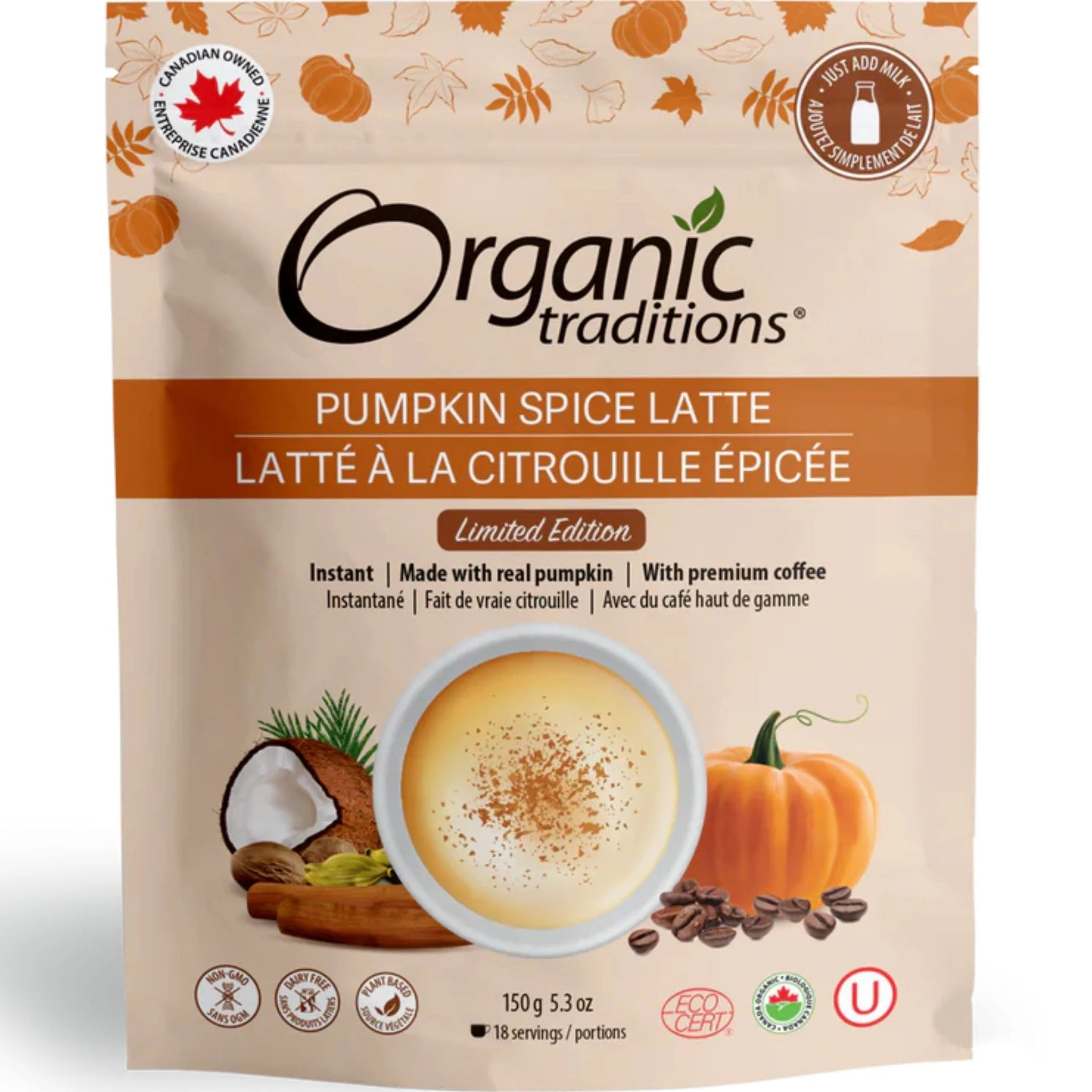 Organic Traditions Pumpkin Spice Latte Powder Mix, Organic pumpkin powder, Freeze-dried coffee, Coconut milk powder, Delicious spices, Limited Edition, 150g
