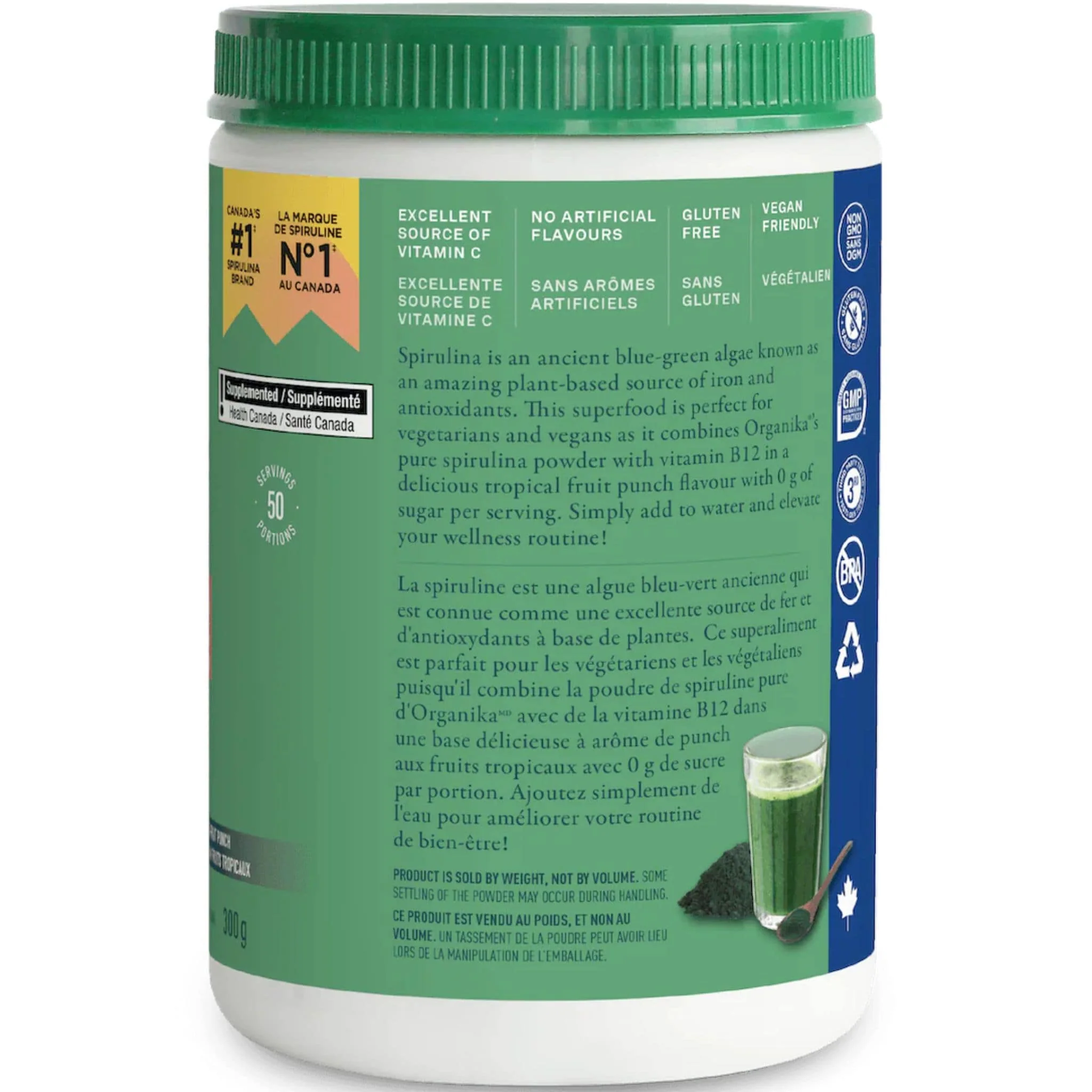 Organika Spirulina Plus B12 Powder, Blue-Green Algae, Fruit Punch Flavour, 300g - Image 3