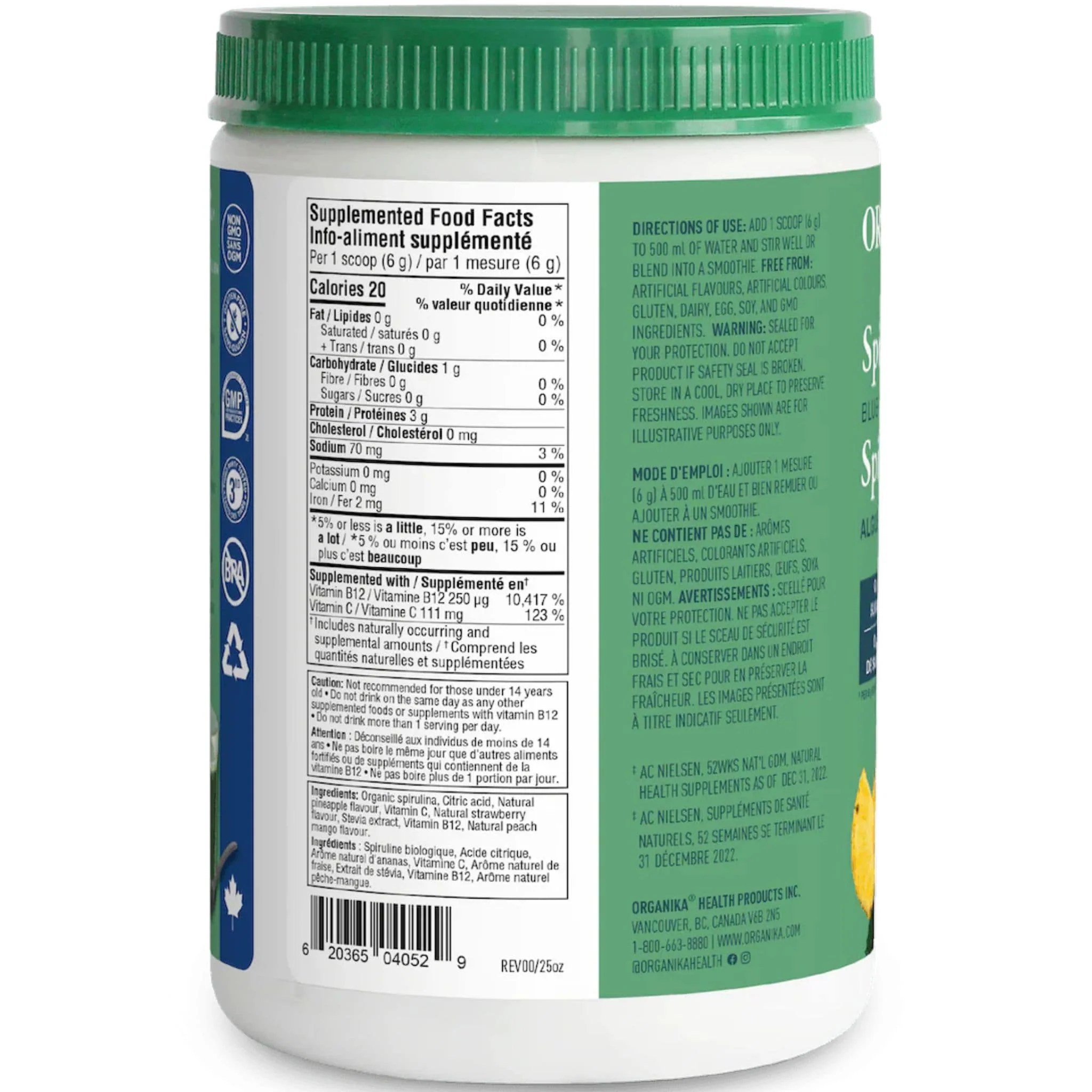Organika Spirulina Plus B12 Powder, Blue-Green Algae, Fruit Punch Flavour, 300g - Image 4