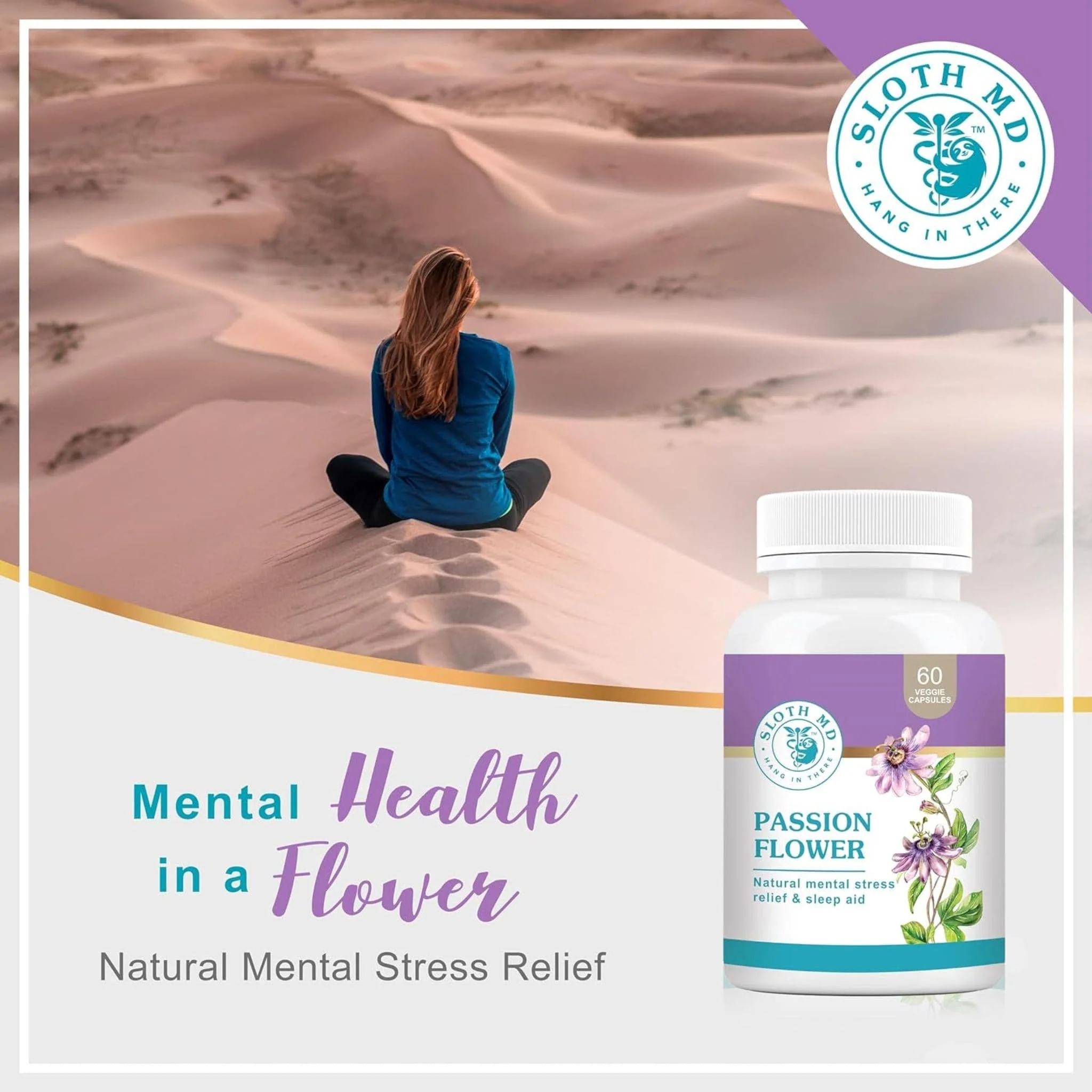Sloth MD Passion Flower, Natural Mental Stress Relief and Sleep Aid, 60 Vegetable Capsules - Image 4