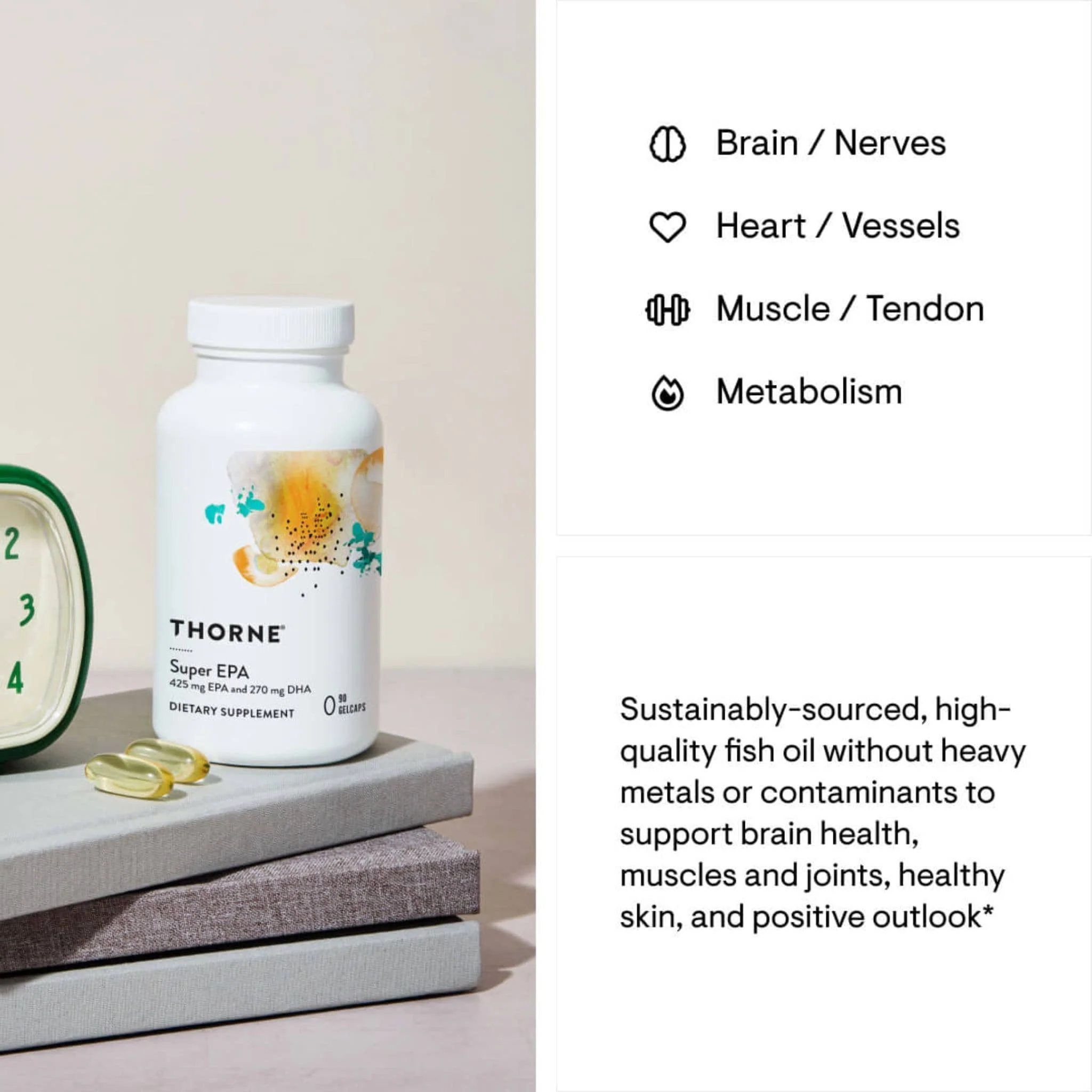 Thorne Super EPA, DHA 270mg and EPA 425mg, Support for a Healthy Heart and Brain, 90 Softgels - Image 3
