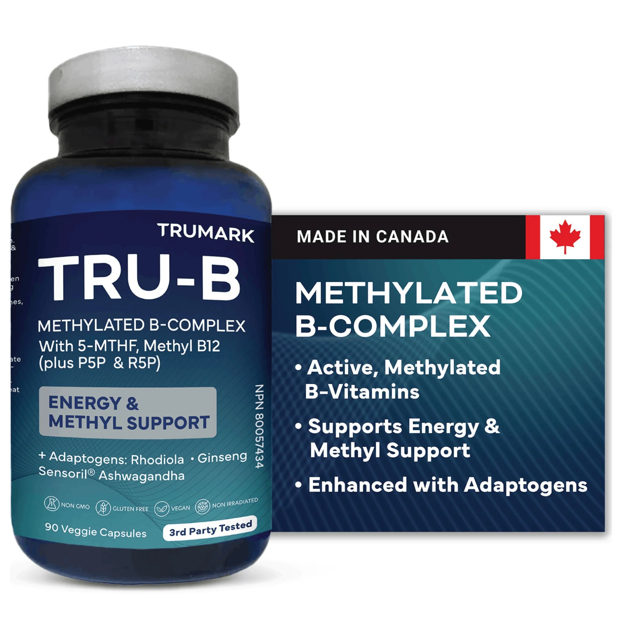 TRUMARK TRU-B Methylated B-Complex, With 5-MTHF Folate, Methyl B12, P5P B6 & R5P Riboflavin for Energy, Methylation and Stress Support, 90 Vegetable Capsules