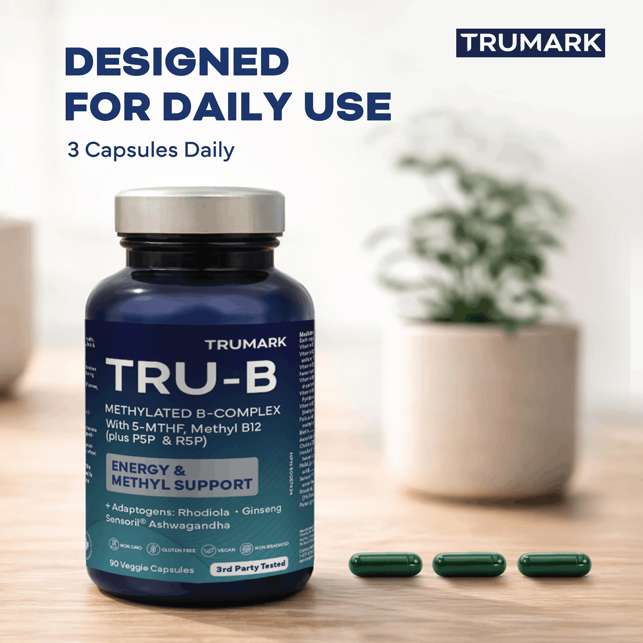 TRUMARK TRU-B Methylated B-Complex, With 5-MTHF Folate, Methyl B12, P5P B6 & R5P Riboflavin for Energy, Methylation and Stress Support, 90 Vegetable Capsules - Image 6