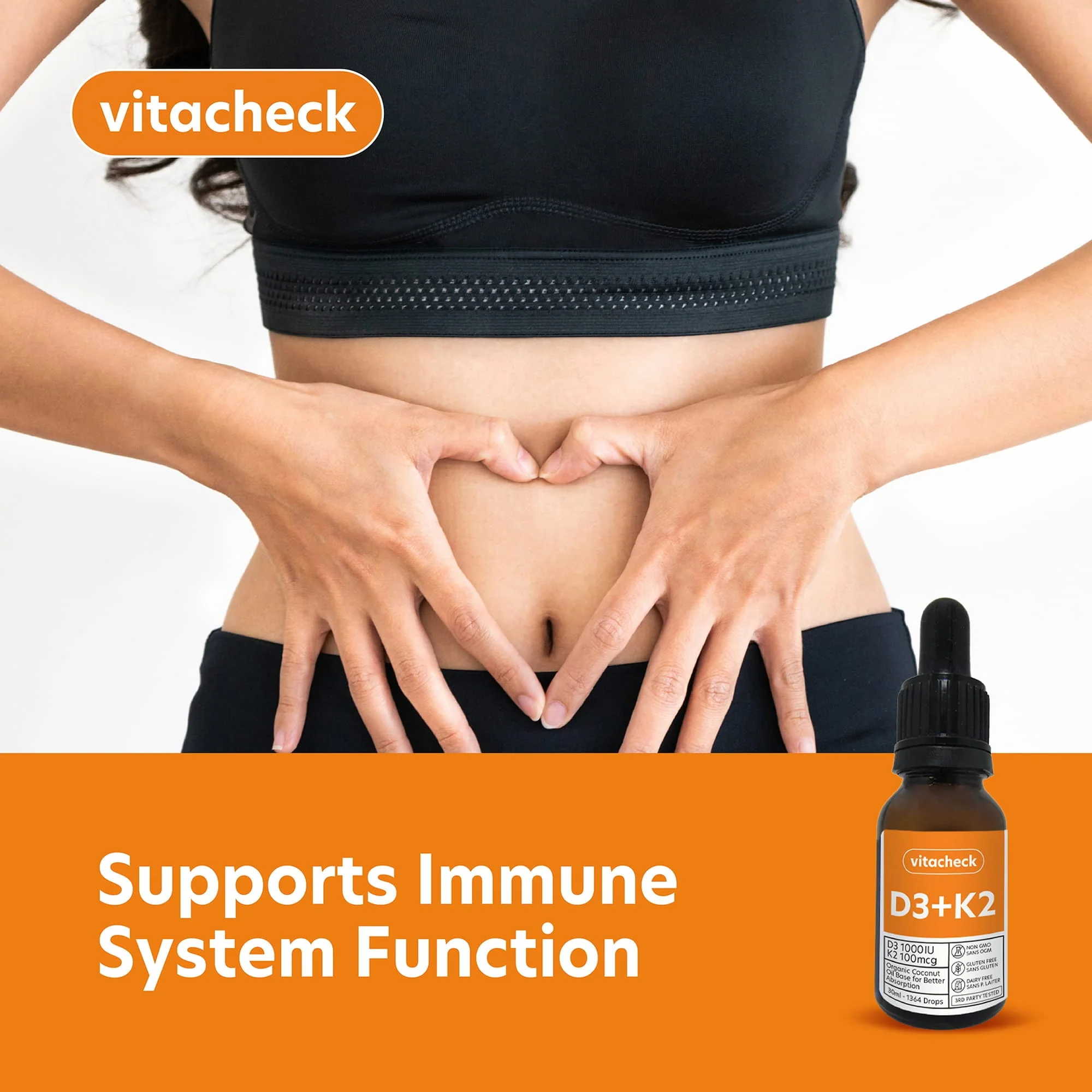Vitacheck Vitamin D3 + K2 Liquid Drops in Organic MCT Oil, Vitamin D3 1000IU and K2 100mcg, 1364 Drops, 30ml - Image 2