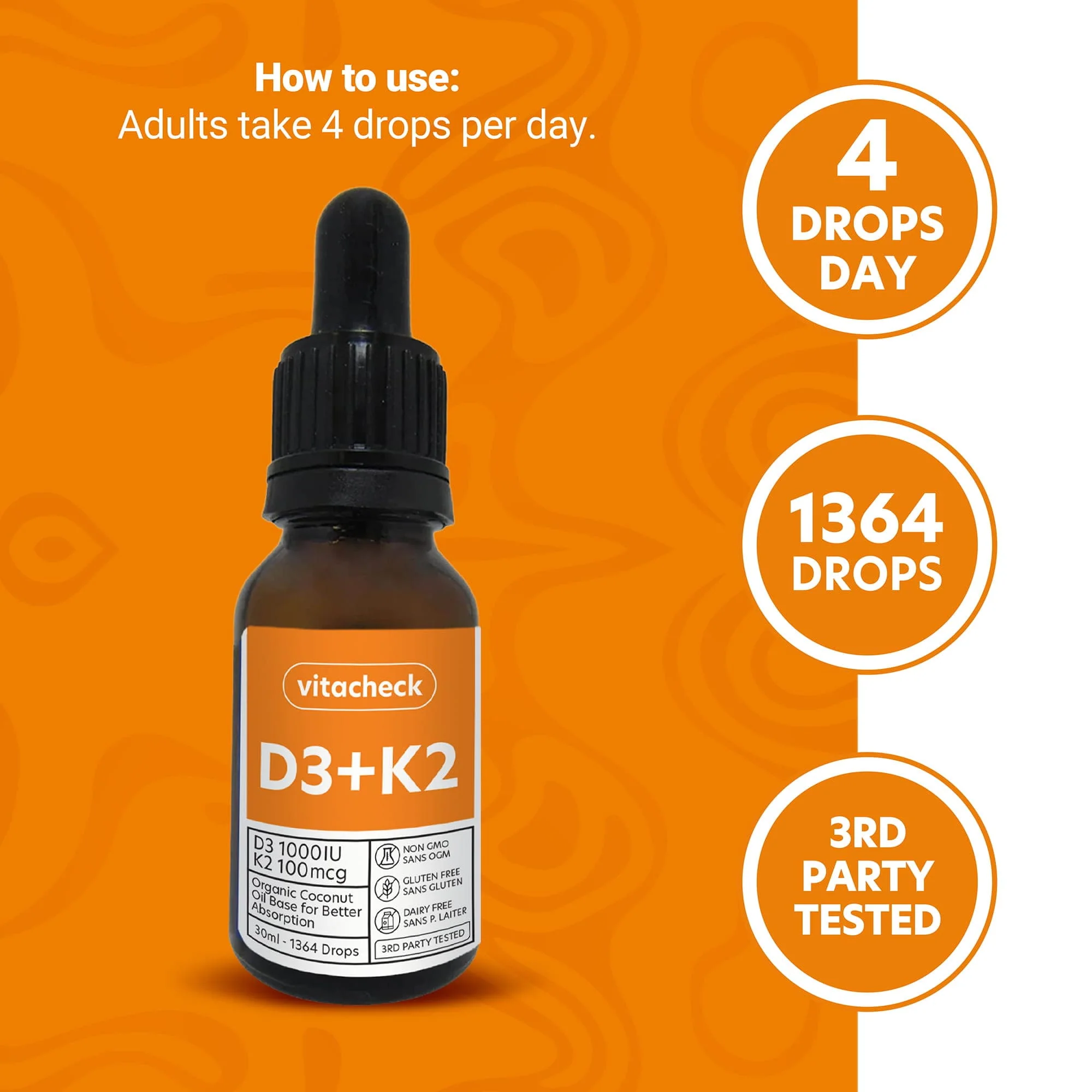 Vitacheck Vitamin D3 + K2 Liquid Drops in Organic MCT Oil, Vitamin D3 1000IU and K2 100mcg, 1364 Drops, 30ml - Image 4