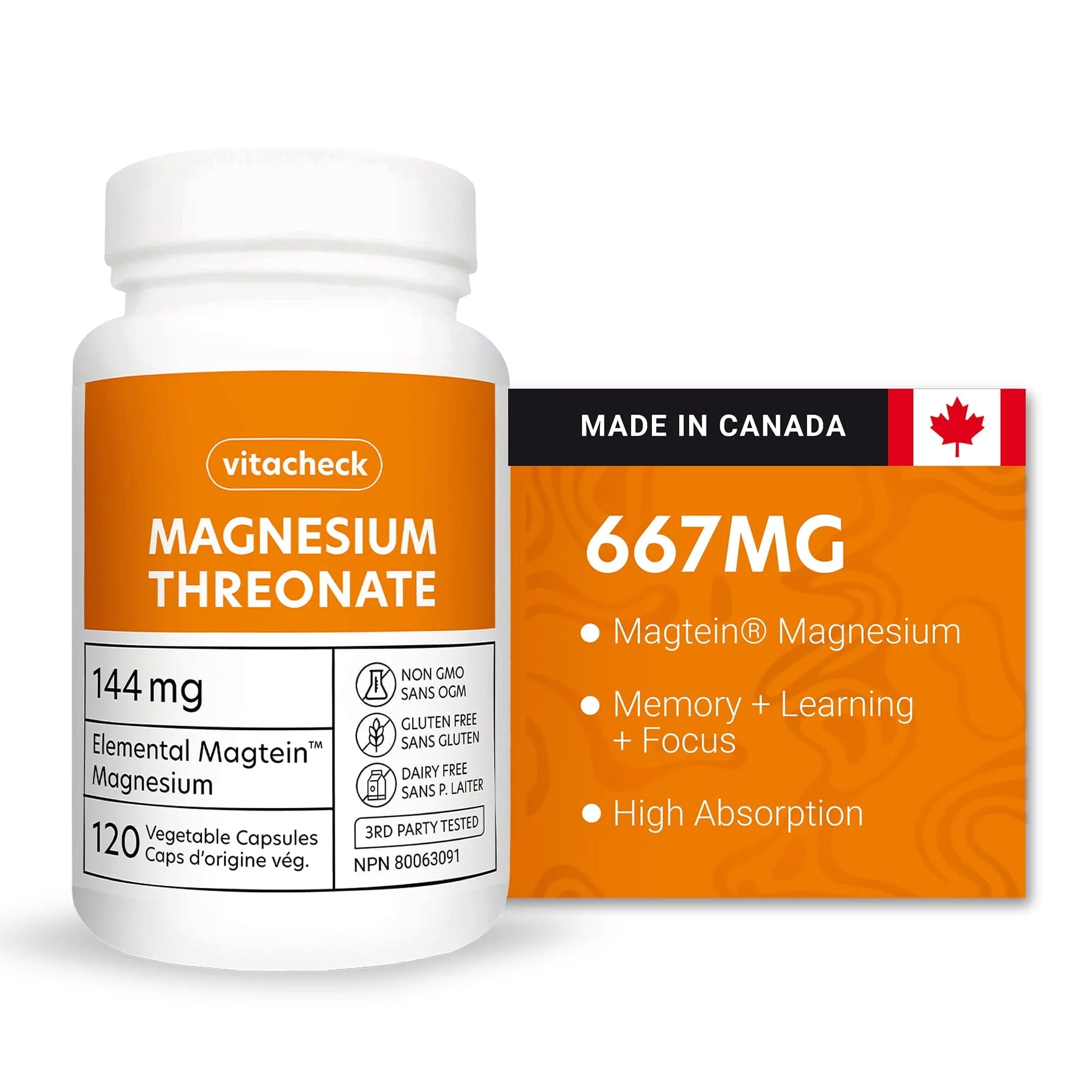 Vitacheck Magnesium Threonate 667mg Magtein, Enhances Cognitive Function, Supports Learning, Memory, Brain Health, 120 Vegetable Capsules CLEARANCE 25% Off Expiry May 2028 Final Sale
