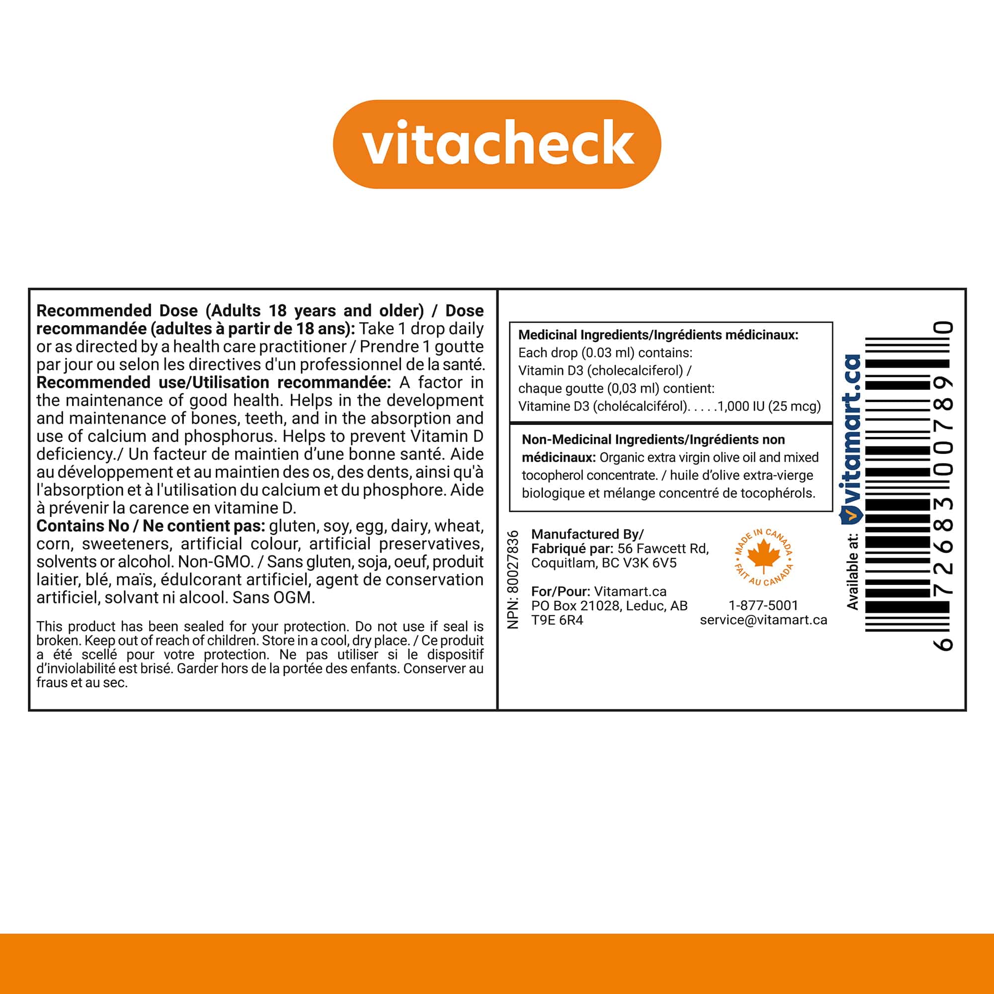 Vitacheck Vitamin D3 1000IU Liquid D3 Drops with Organic Olive Oil, 500 Servings, 15ml CLEARANCE 25% Off Exp 8/27 Final Sale - Image 9