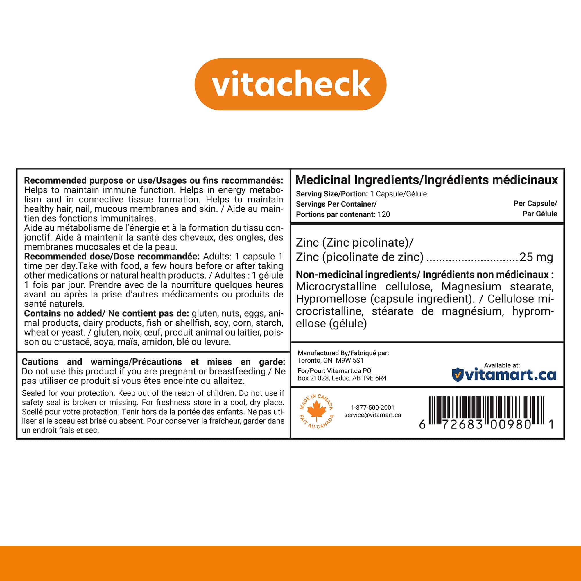 Vitacheck Zinc Picolinate 25mg Extra Strength, Chelated, Immune Health, Energy Metabolism, Hair and Nail Health, 120 Vegetable Capsules - Image 9