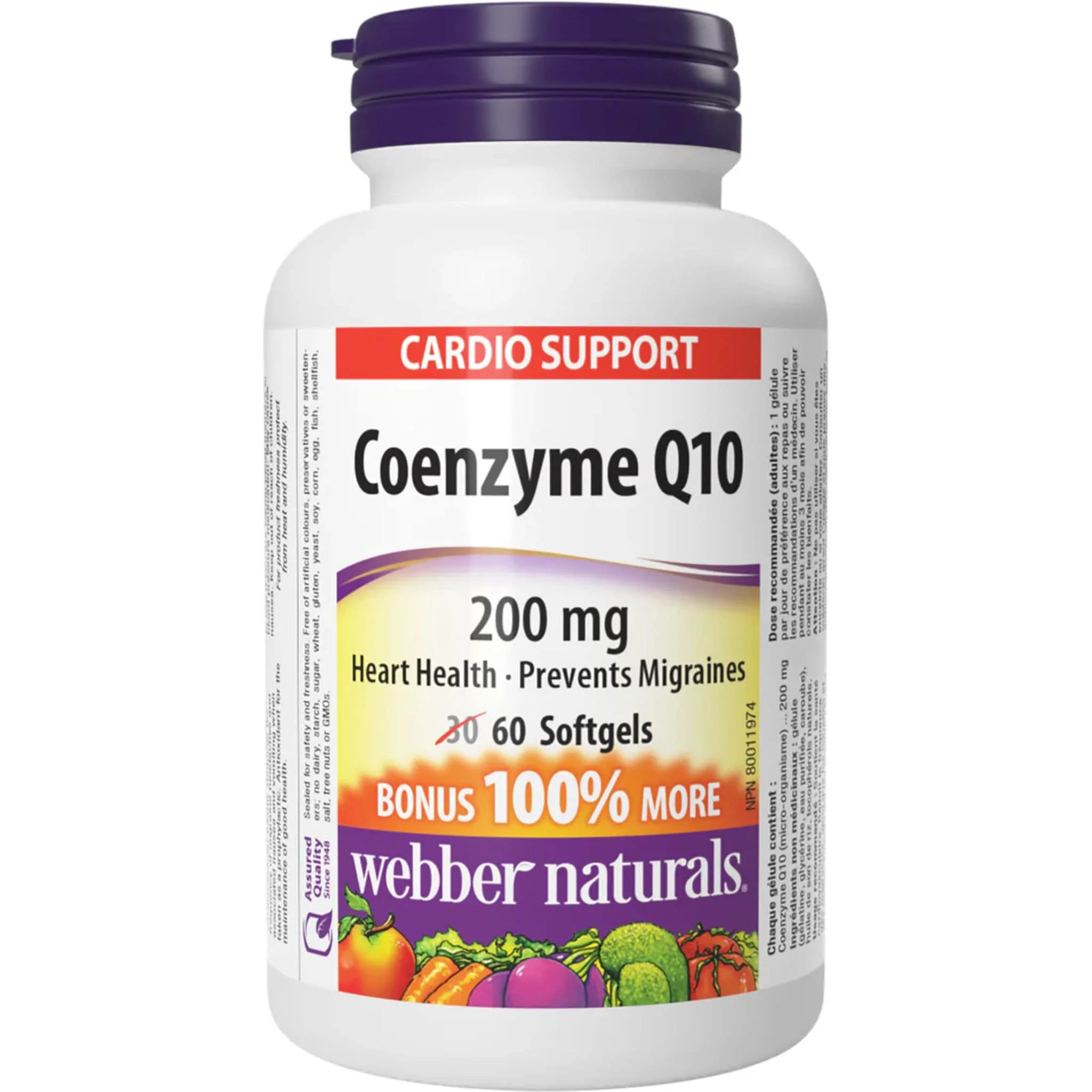 Webber Naturals Coenzyme Q10 200mg, BONUS SIZE, 100% More, 60 Softgels
