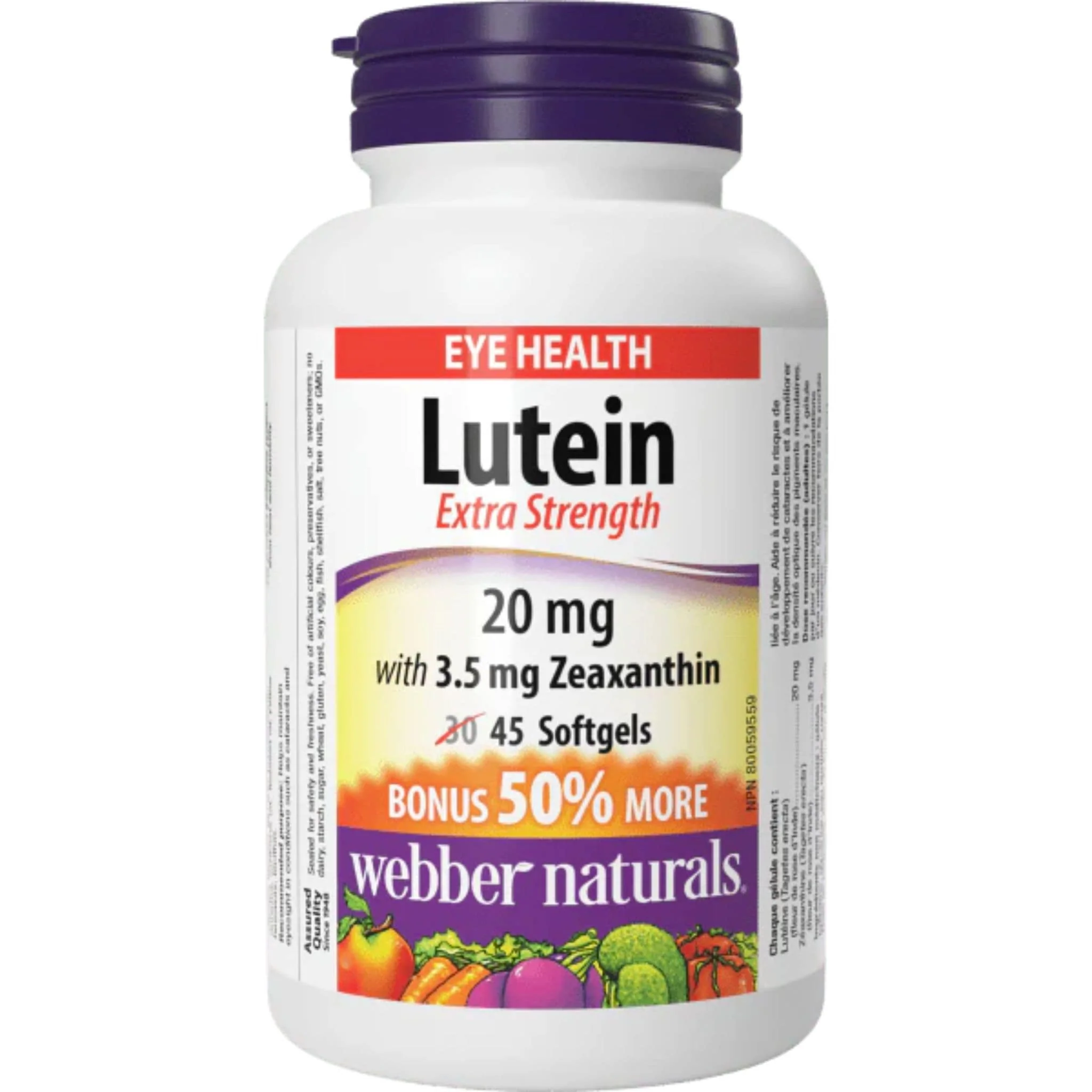Webber Naturals Lutein 20mg with Zeaxanthin, Extra Strength, BONUS SIZE 50% MORE, 45 Softgels