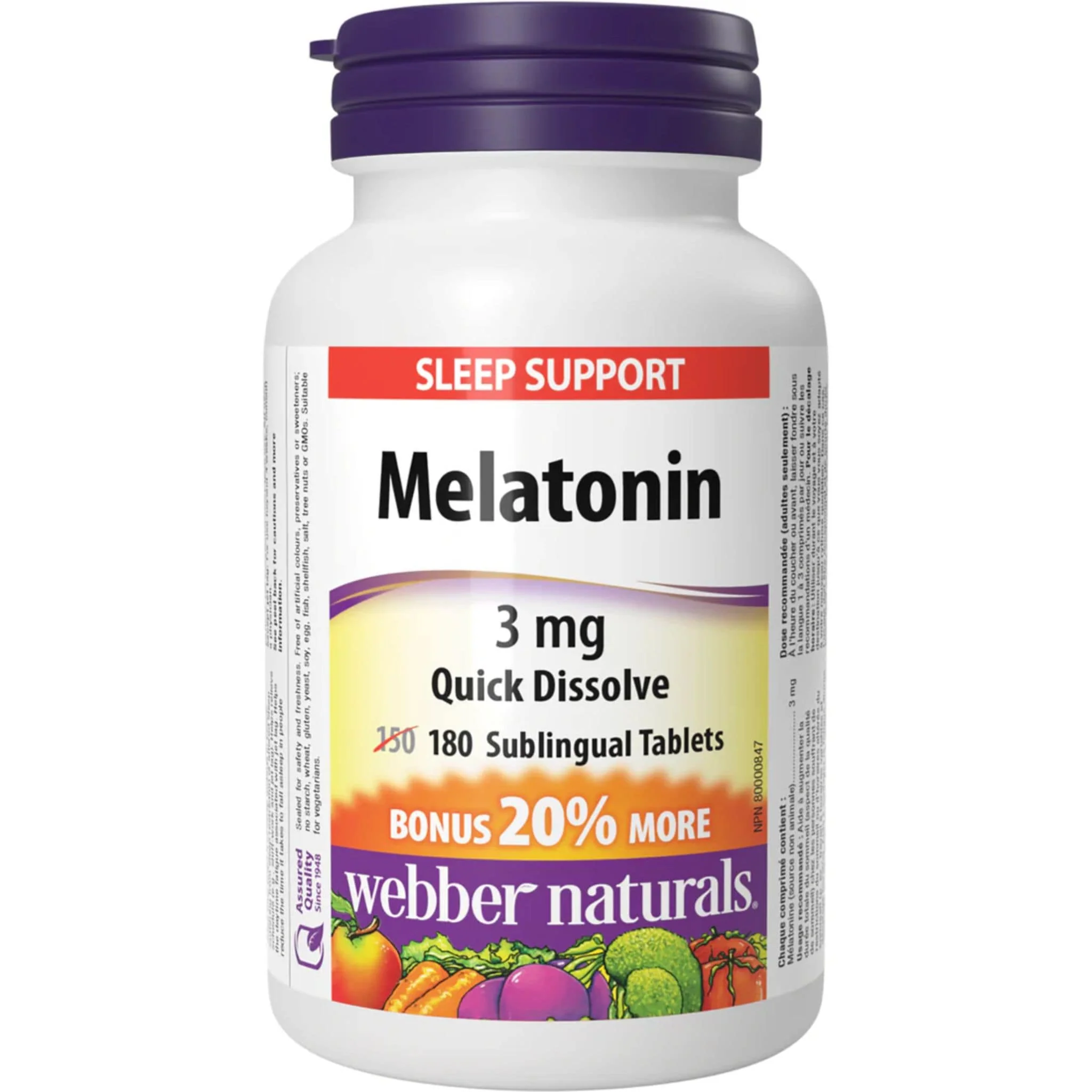 Webber Naturals Melatonin 3mg, Quick Dissolving Tablets, Peppermint Flavour, 180 Sublingual Tablets
