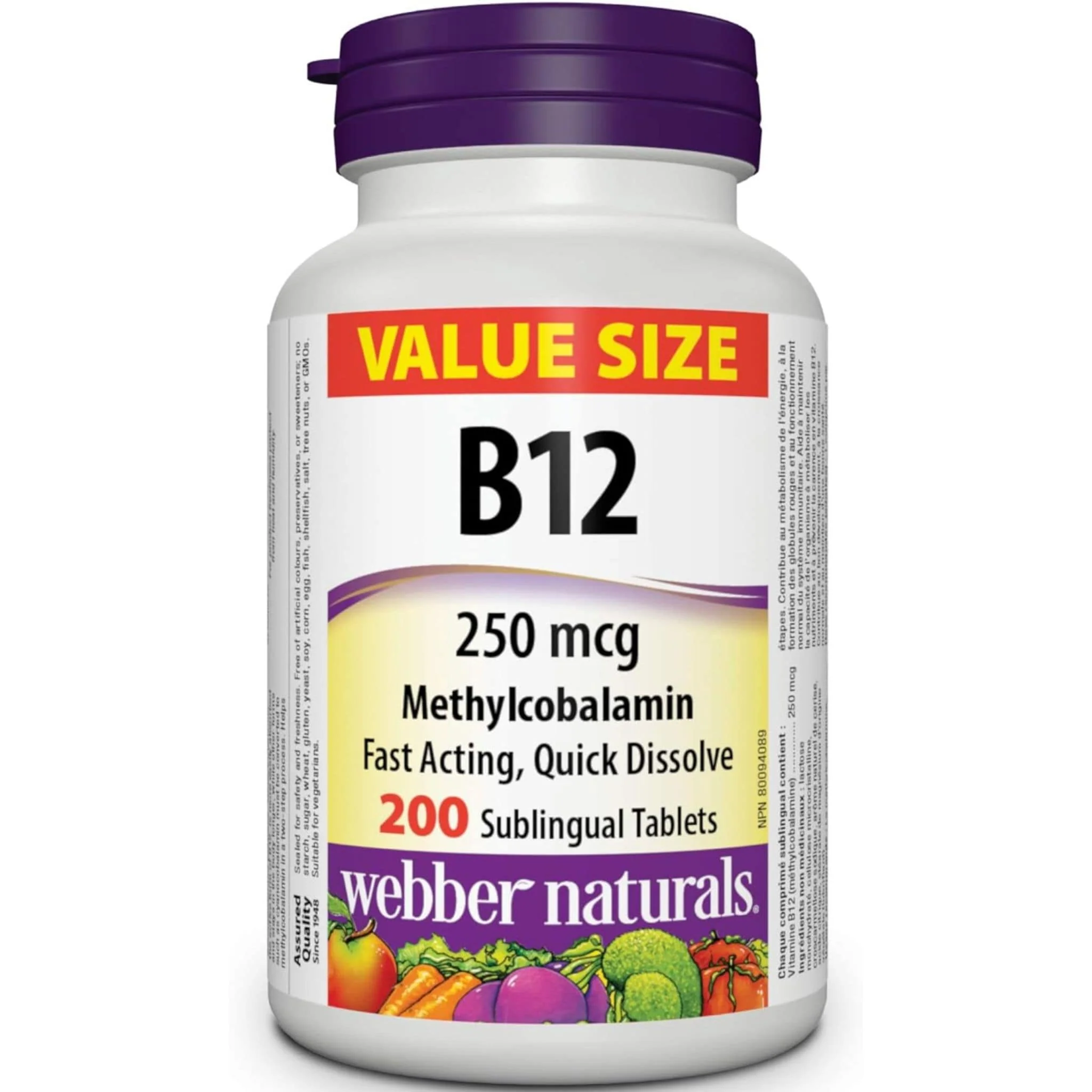 Webber Naturals Vitamin B12 Methylcobalamin 250mcg Value Size, 200 Sublingual Tablets