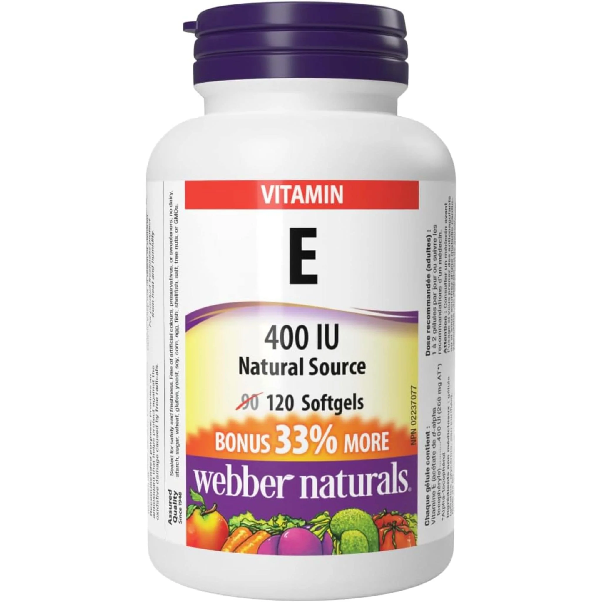 Webber Naturals Vitamin E 400IU, Natural Source, BONUS! 33% More, 120 Softgels